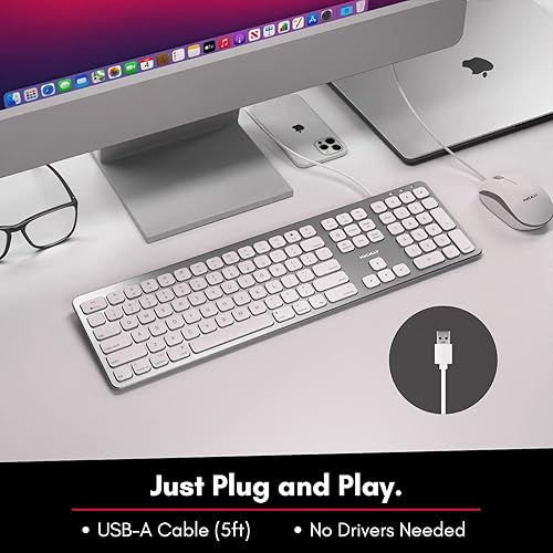 Miniatura 4 de Macally Teclado USB con cable para Mac - Teclado Apple compatible con puertos USB para mouse - Teclado Mac de tamaño completo con teclado numérico -