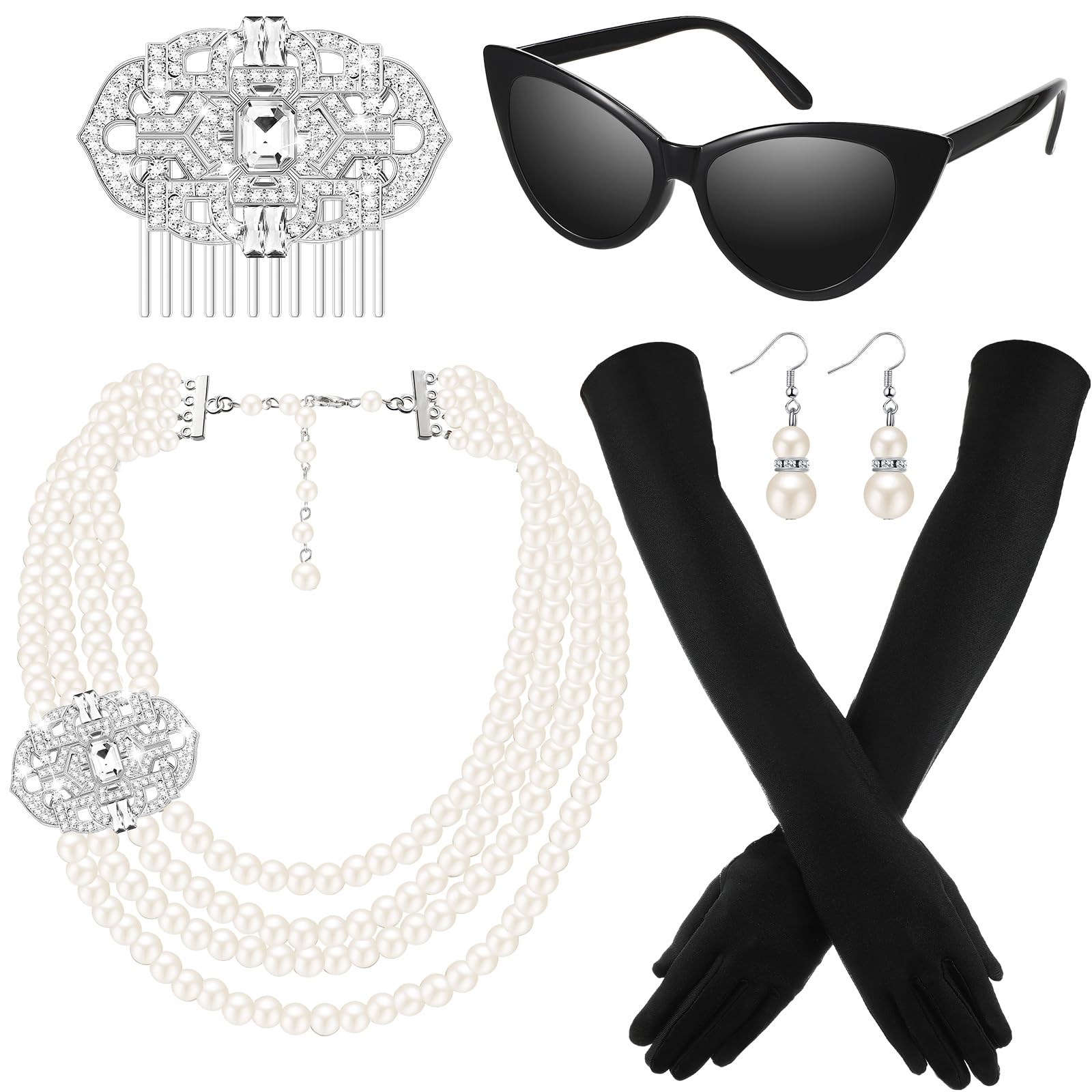BBTO 6 Pieces Halloween 1920s Accessories for Women Halloween Costume Set Pearl Dangle Pendant Necklace Earrings, Black and White, as the picture shown
