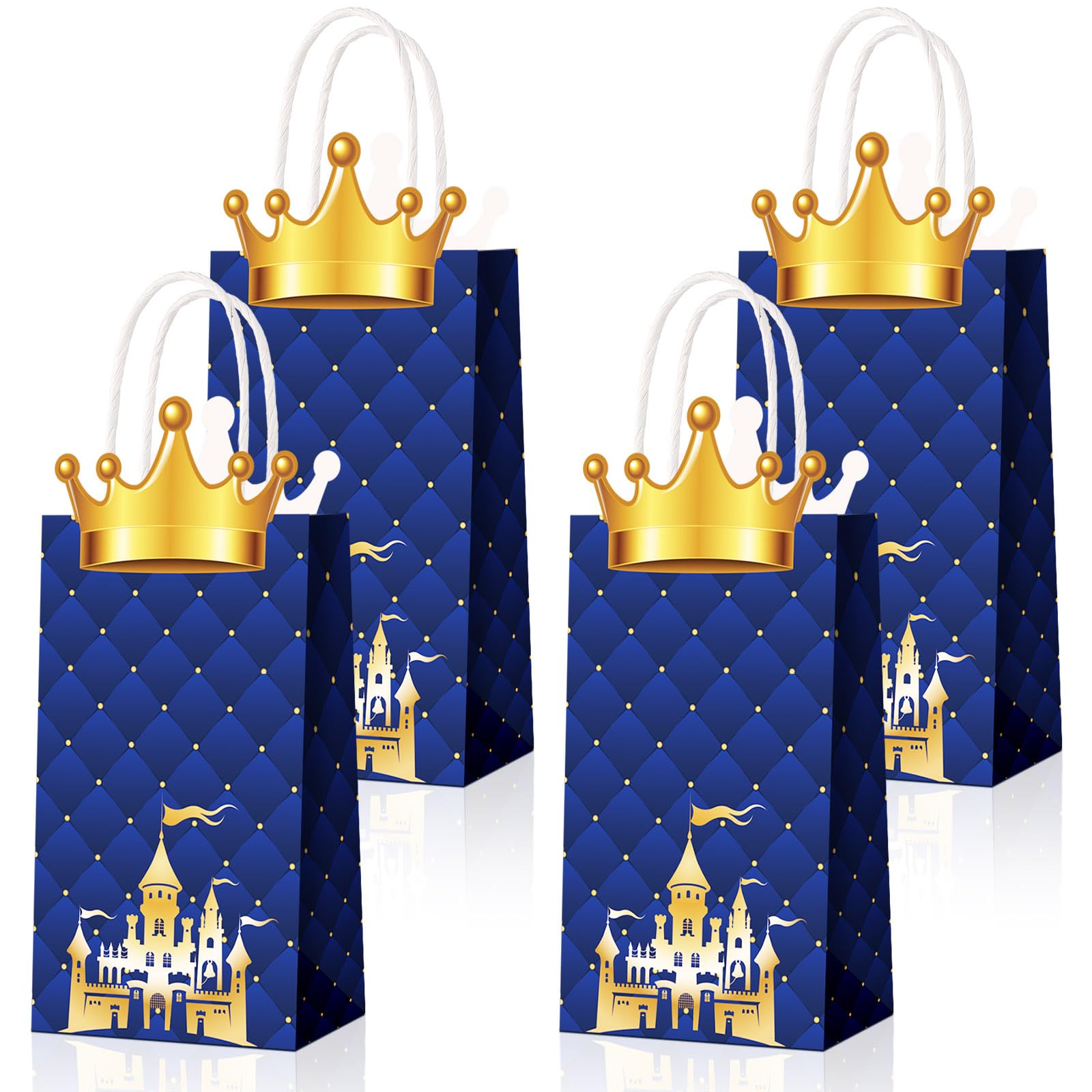 Sabary 16 Pack Prince Party Favors Bags Prince Glitter Crown Goodie Bags with Handles Treat Paper Kraft Gift Wrap for Baby Shower Birthday Party Supplies