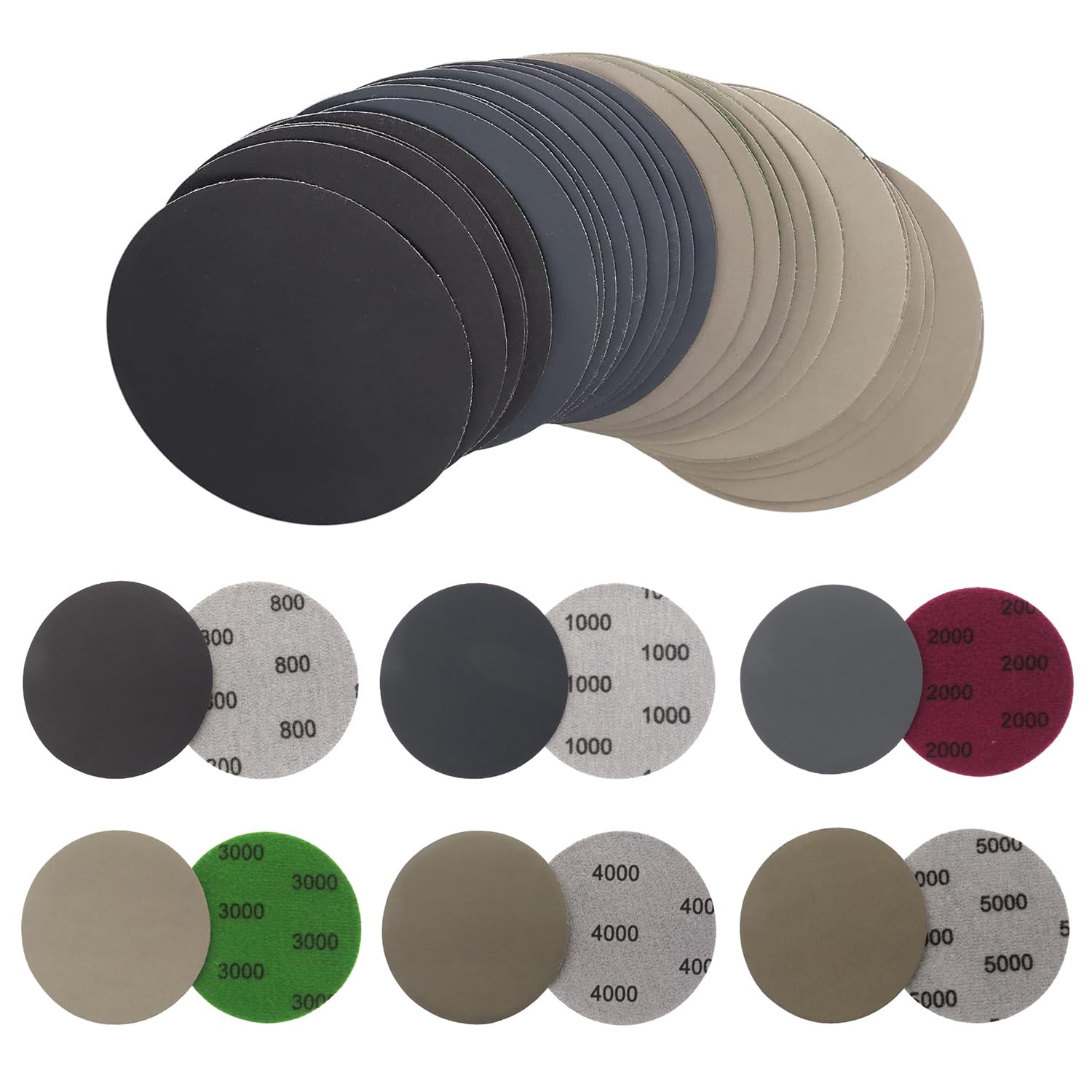 JOYOLA Wet and Dry Sanding Discs, Pack of 60 Sandpaper 75 mm Velcro, Round Sanding Pads Discs 800/1000/2000/3000/4000/5000 Assorted for Wood, Metal, Car, Furniture, Polishing