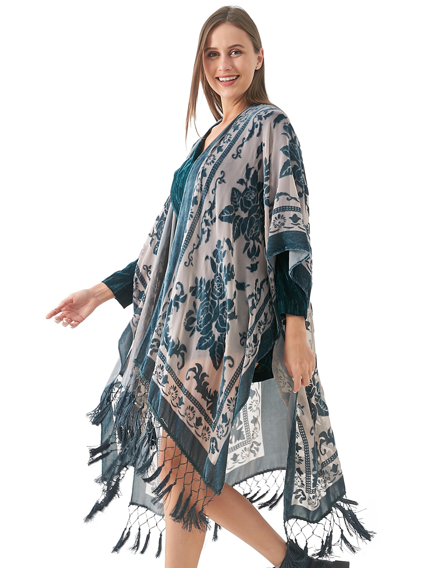 MJ SERECA Women's Burnout Velvet Kimono Long Cardigan Cover Up Without Tassel (Grey/Ivory)…