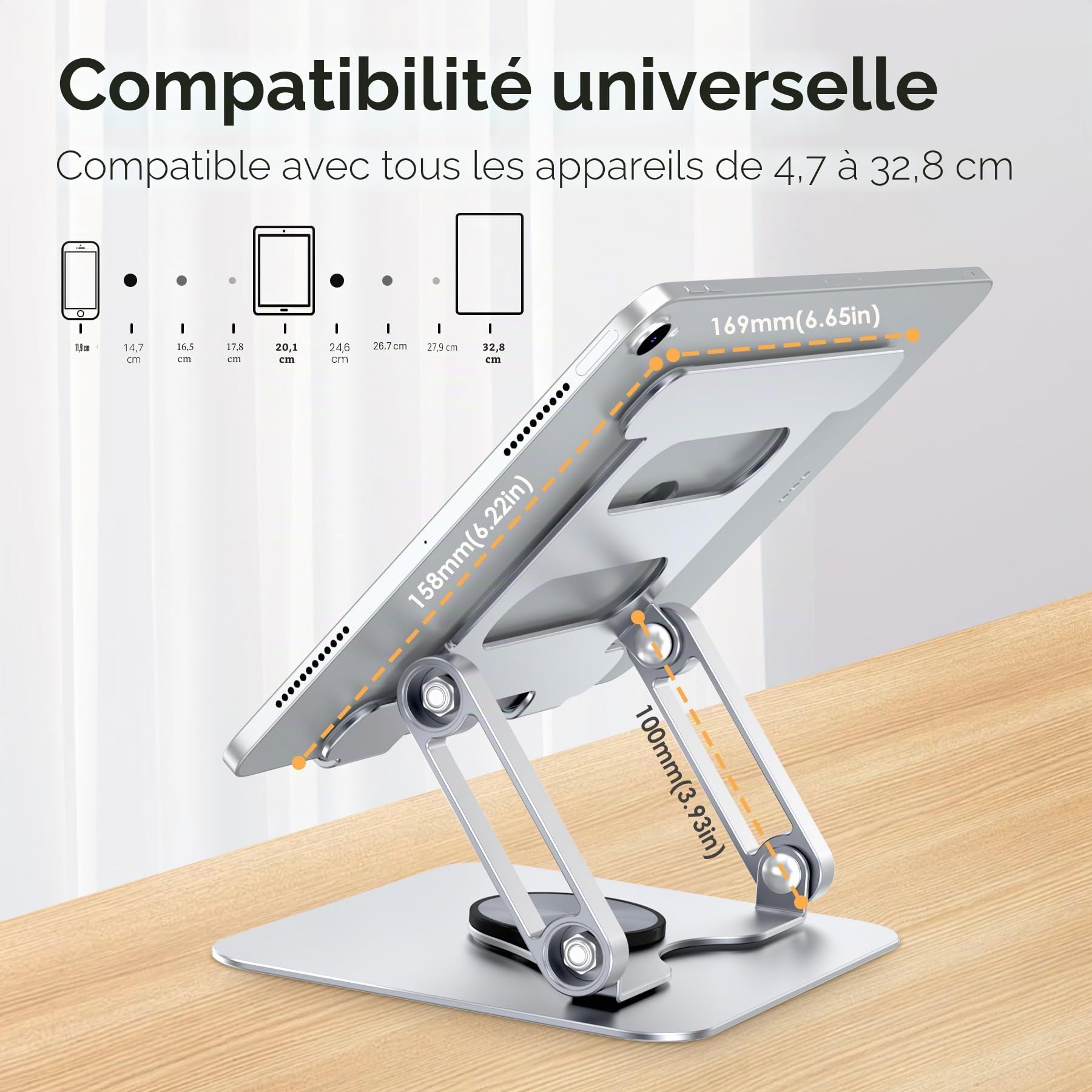 Support pour iPad, Support de Tablette Rotatif à 360°, Support de Moniteur Pliable en Aluminium pour Bureau Compatible avec iPad Pro 10.5, 11, 13, Air Mini 2 3 4 5 6, Samsung Tab(4-13")
