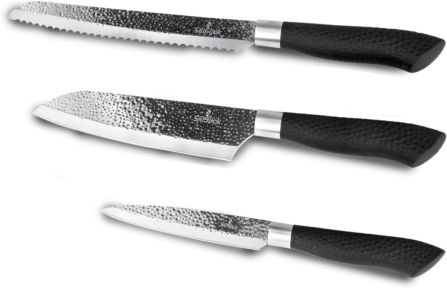 Kitchen Knife Set - Embossed Blades - Smooth Black Ergonomic Handles | Rust Resistant | 8" Bread, 7" Santoku & 5" Utility Knives