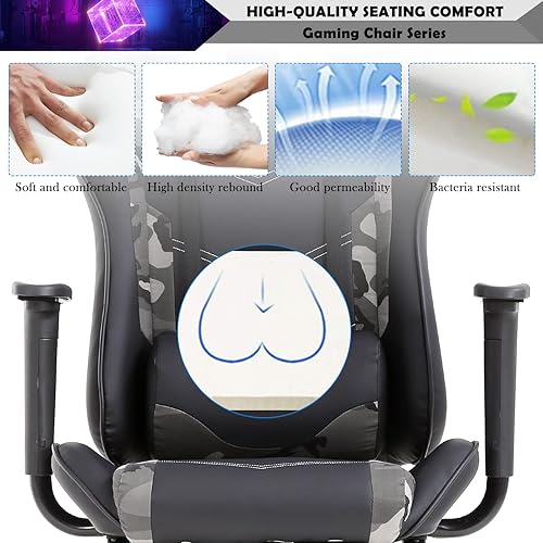 Miniatura 25 de Silla de juegos de estilo de carreras, silla de escritorio ergonómica con reposacabezas y soporte lumbar, respaldo alto, silla reclinable de