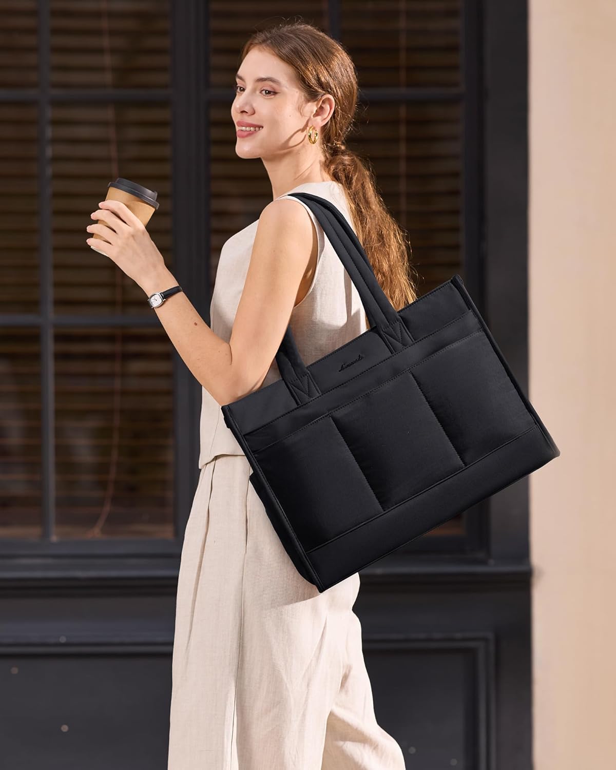 LOVEVOOK LOVEVOOK Tote Bag for Women, Puffer Laptop Handbag Work Purse 15.6 Inch for Teacher Nurse, Large Quilted Travel Tote Shoulder Bag with Zipper for College Office Clinical Gym, Black - Image 2