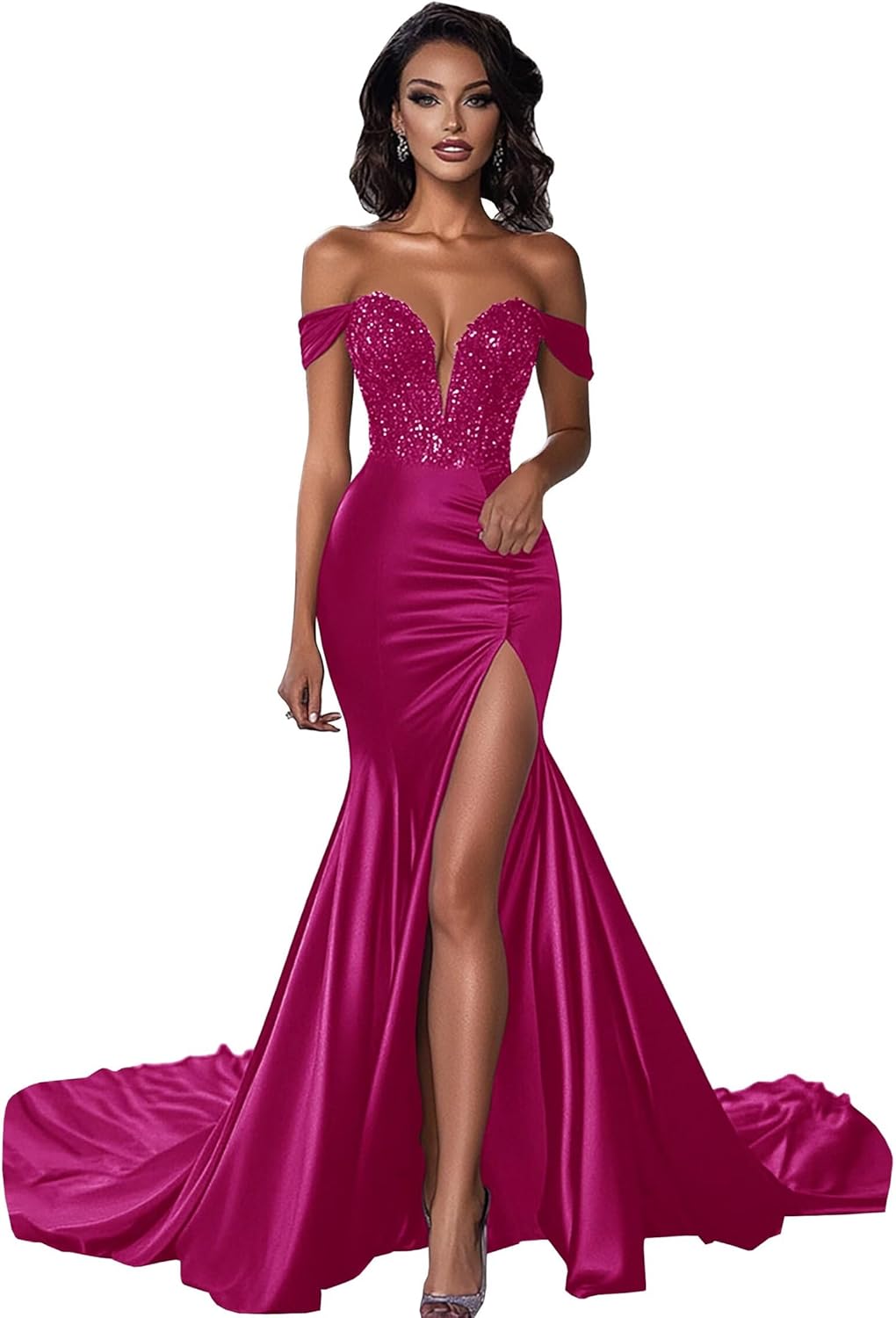Off Shoulder Satin Prom Dresses for Women Sequins Mermaid V-Neck Formal Evening Ball Gowns with Slit