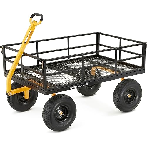 Gorilla Carts 1,500 lb Steel Utility Garden Cart, Heavy Duty 4-Wheel Yard Cart with Convertible 2-in-1 Handle & Removable Sides, 12 cu ft, Black/Yellow