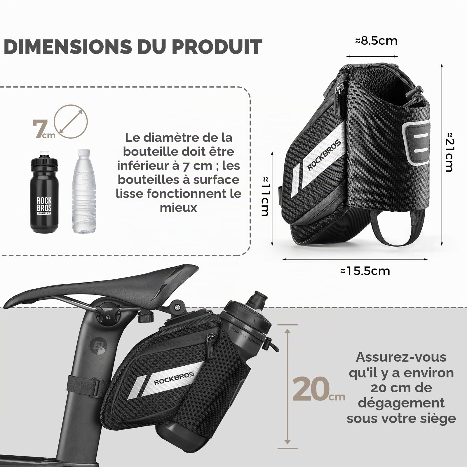 ROCKBROS Sacoche de Selle de Vélo 1L, Sac de Siège avec Porte-Bouteille, Réfléchissant pour VTT Vélo de Route Pliant Noir