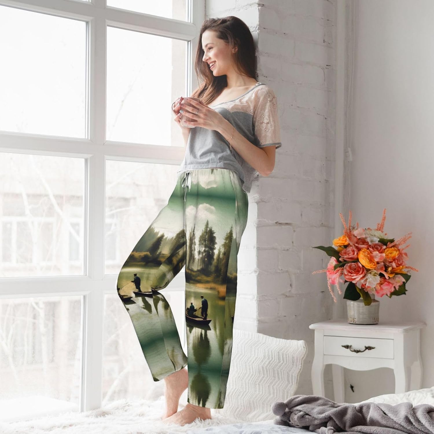 Fishing Lake Fishermens Print Cozy Flannel Pajama Pants For Women,Warm Christmas Pj Pants,Cute Fleece Pajamas