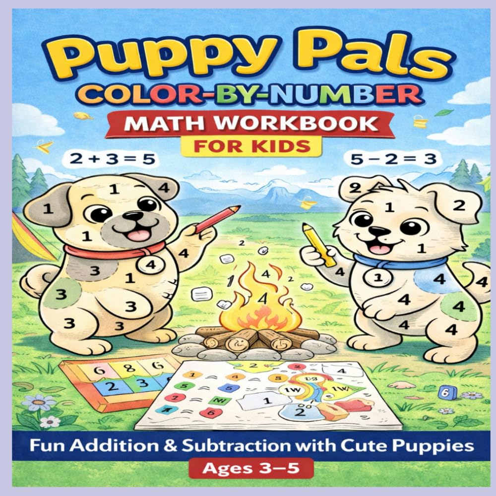 Puppy Pals Color-By-Number Math Workbook for Kids: Fun Addition & Subtraction with Cute Puppies | Ages 3–5