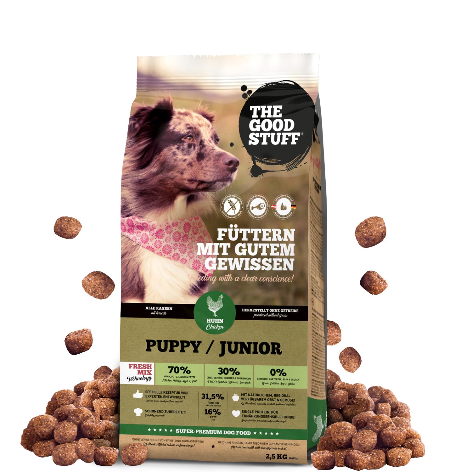 The GOODSTUFF Huhn (Puppy/Junior) 2,5 kg | Getreidefreies Hunde  Trockenfutter Junior | Mit frischem Hhnerfleisch | Hundetrockenfutter fr  Welpen & Junghunde | Super-Premium Welpen Trockenfutter : Amazon.de:  Haustier