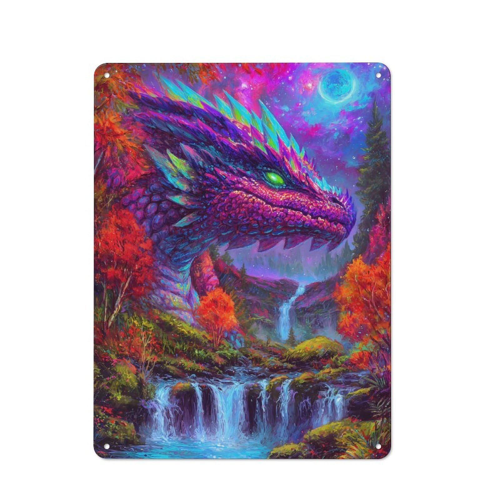Junmoney Colorful Dragon Waterfall Fantasy Landscape Vintage Tin Sign 40X30cm Featuring For Workshop Wall, Gift For Metal Sign Collectors During The Christmas Season