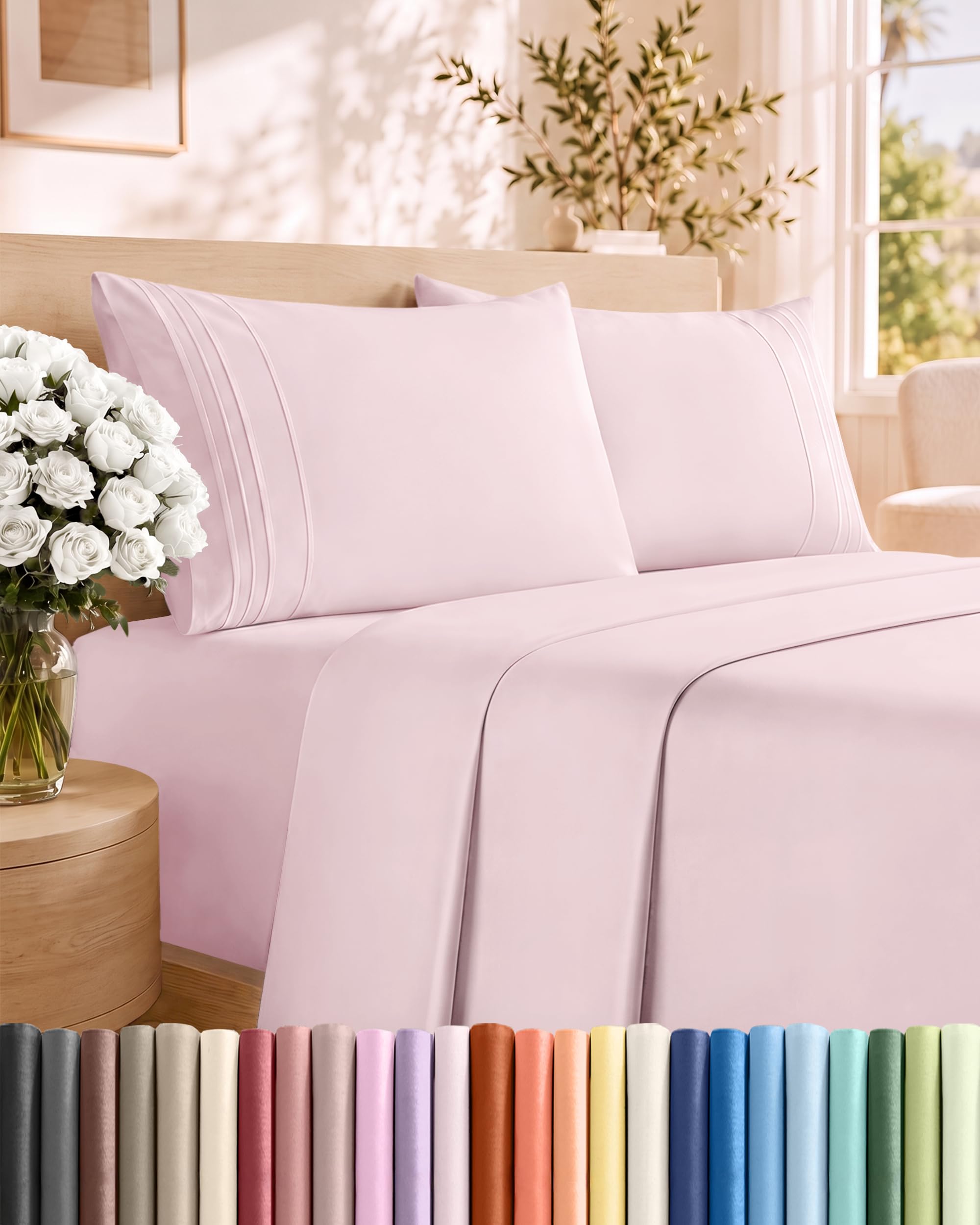 Queen Size 4 Piece Sheet Set - Breathable &amp; Cooling Sheets - Lavender Pink