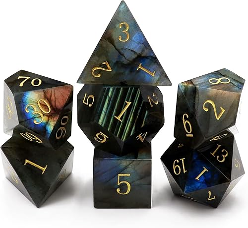 Haxtec Moonstone - Juego de dados poliédricos DND de labradorita con funda de dados de madera para D&D Calabozos y Dragones, juego de mesa de regalo