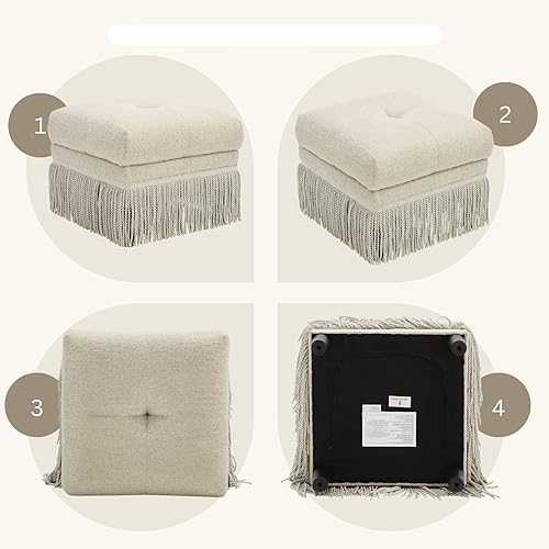 Vista 3 de Otomano cuadrado beige de 22 pulgadas con borlas para sala de estar, moderno y bohemio, tapizado, puf otomano, reposapiés para dormitorio