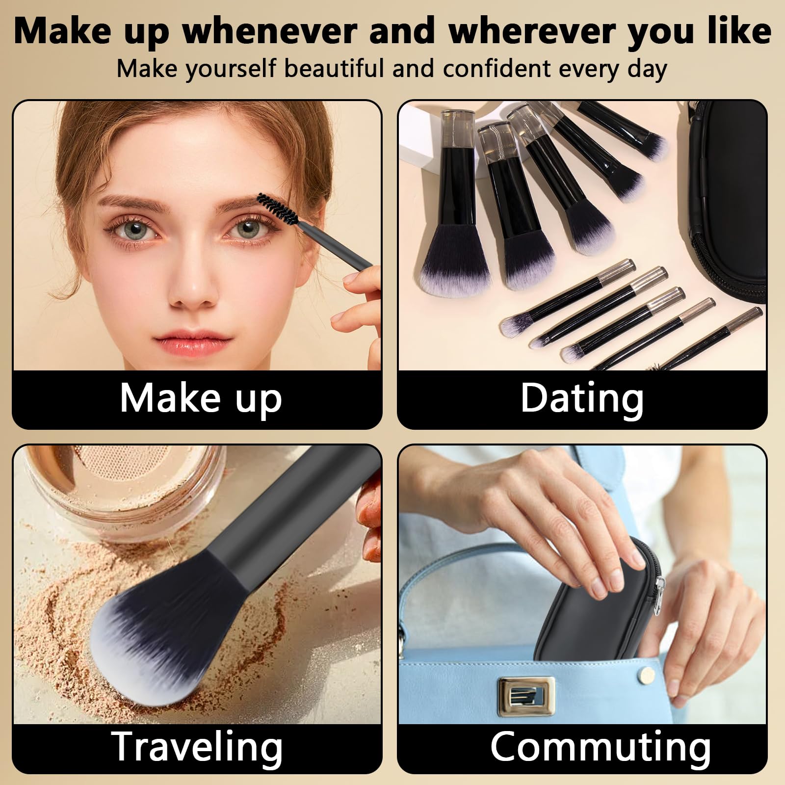 Set di 10 pennelli da trucco da viaggio, portatili, formato da viaggio, mini pennelli da trucco con custodia e 4 spugnette per cipria, pennelli cosmetici professionali per fondotinta, correttore