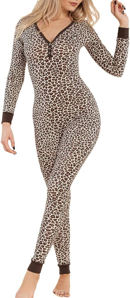LOVOICE Pigiama A Maniche Lunghe Tuta con Scollo A V, Pigiama con Patta con  Bottoni, Abbigliamento da Casa, Pigiama Leopardato da Donna, Pigiama Intero  : Amazon.it: Abbigliamento