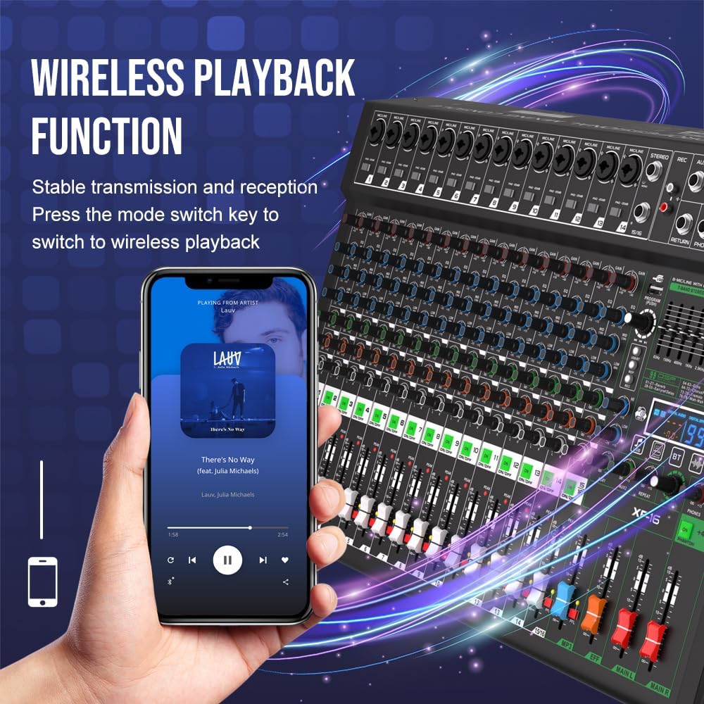 XF16 Professional DJ Audio Mixer, 16 Channel, with 99 DSP Effects, 7-Stage Equalizer, Separate 48V Phantom Power and Mute Button, Bluetooth Function, USB Interface Recording