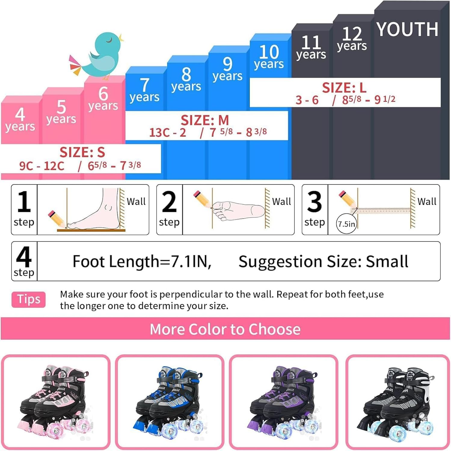 MammyGol Roller Skates for Kids Boys Girls, Adjustable Quad Skates with Light Up Wheels for Toddler Little Kids Ages 6-12, Beginners Outdoor Sports - Image 5