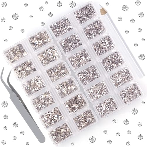 10000 diamantes de imitación redondos de cristal de 6 tamaños, con parte trasera plana, 1 pinzas y 1 bolígrafo de recolección para arte de uñas,