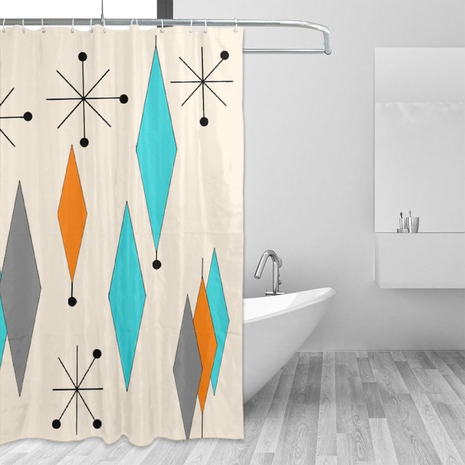 Mid Century Shower Curtain, Mid Century Modern Geometric Atomic Shapes Retro Boho Turquoise Orange Diamond Bath Accessories Art Home Decor Fabric 66x72Inch(168x183cm)