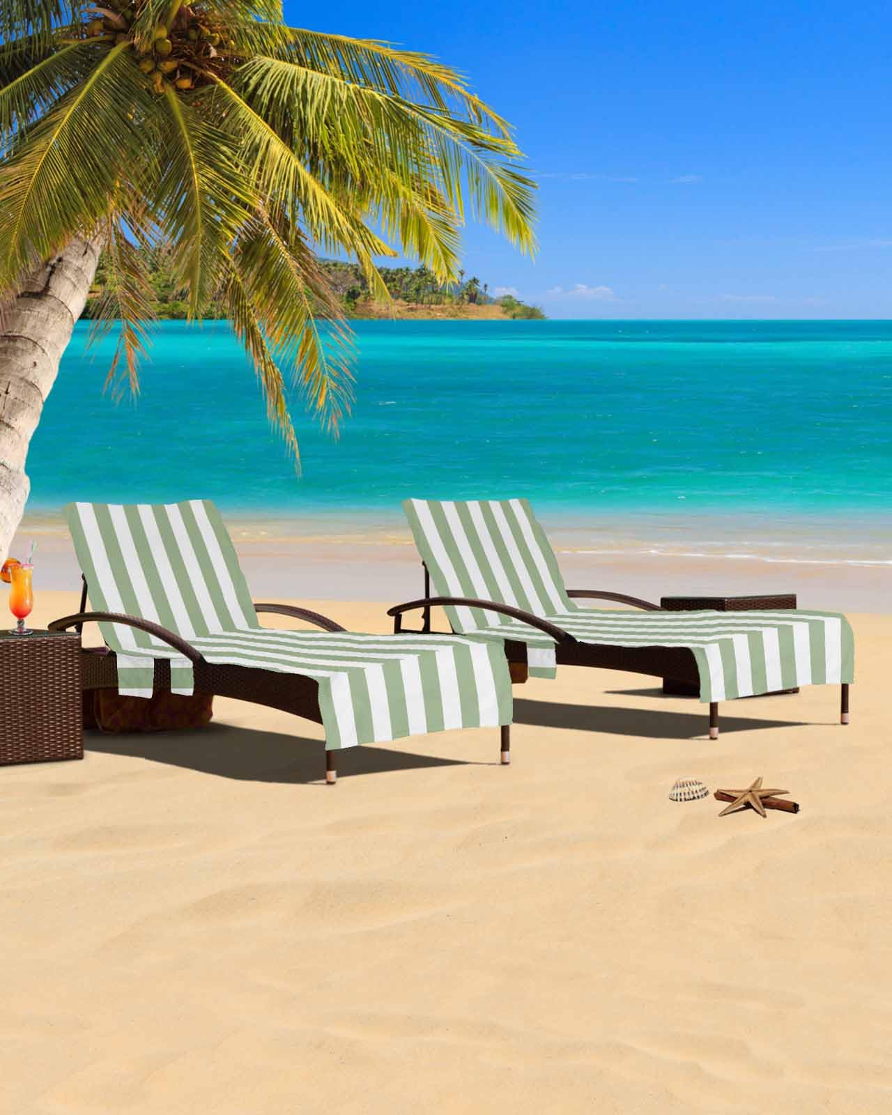 Sage Green Beach Chair Cover with Side Pockets, Microfiber & Quick Dry Pool Chaise Lounge Chair Towels Covers for Sun Sunbathing Patio Garden Hotel, Contemporary Minimalist Geometric Stripe