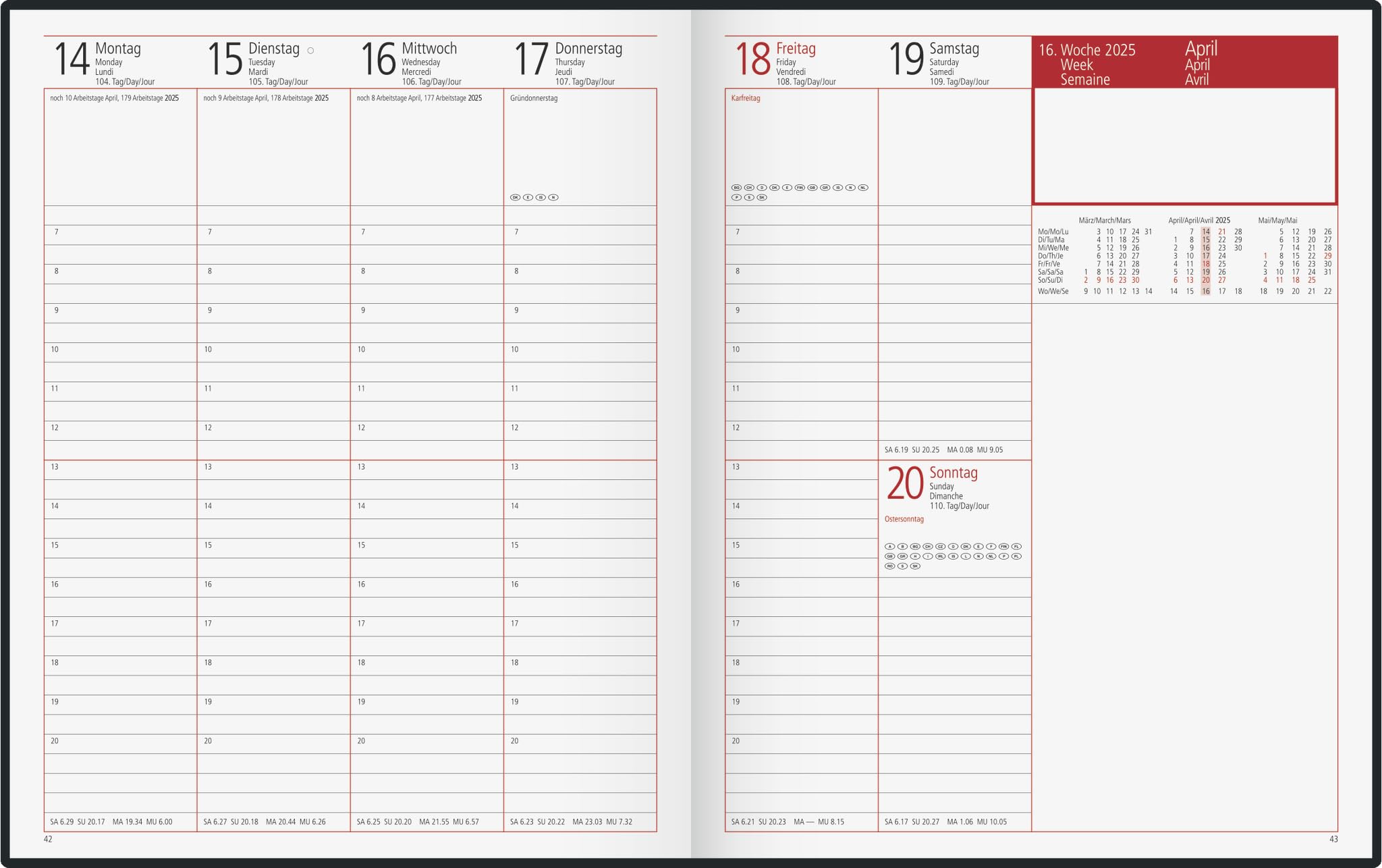 rido/idé Buchkalender Modell Managerkalender TM (2025), 2 Seiten = 1 Woche, 205 × 260 mm, 168 Seiten, Leder-Einband Toscana, weinrot