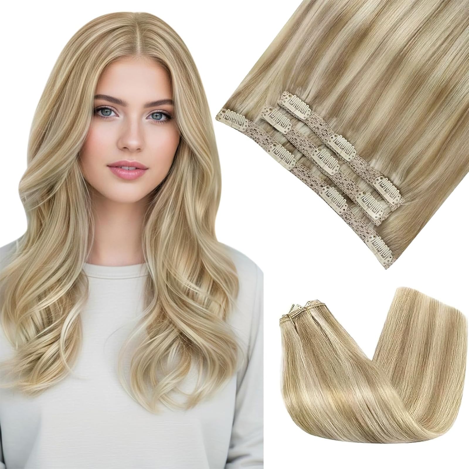 Sunny Hair Clip in Hair Extensions Real Human Hair Double Weft Remy Hair Clip in Extensions Human Hair for Women Full Head Golden Blonde Highlights