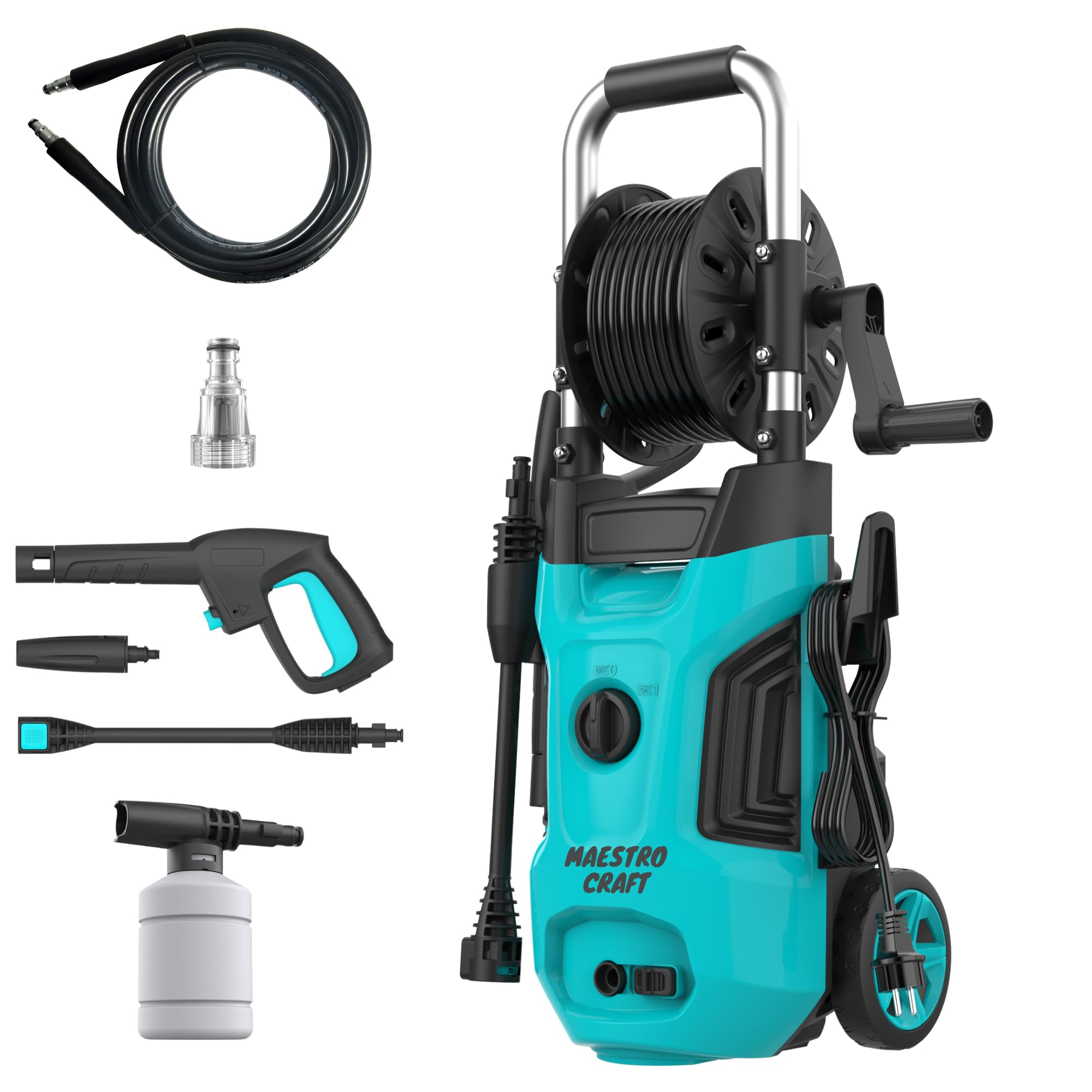 Maestro Craft Electric High Pressure Washer, Maximum Pressure 160 Bar 450L/H Jet Cleaner with 5M Reel Wheel Hose & Cable, Foam Cannon, Jet Pressure Washer for Car, Garden, Patio, Driveway Cleaning