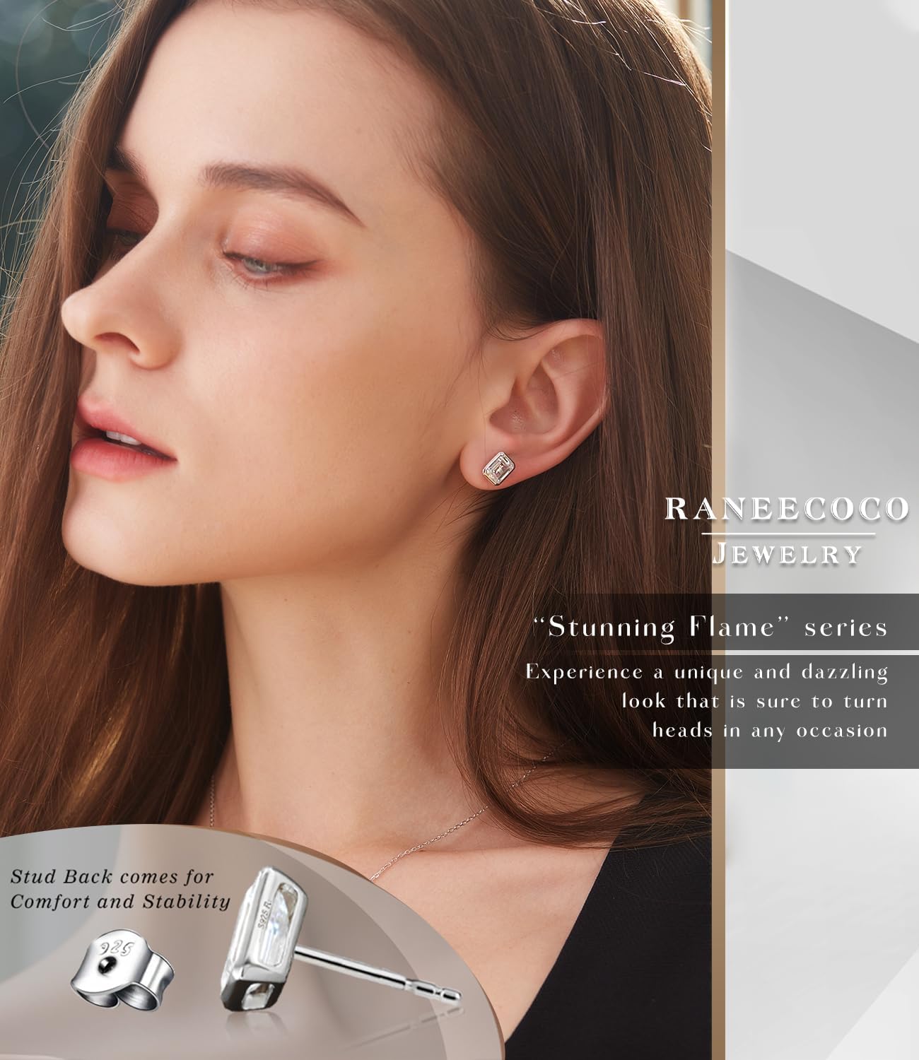 Raneecoco 4.0ct Total Emerald Cut Cubic Zirconia CZ Earrings Stud / 18K Gold Plated Sterling Silver - Image 2