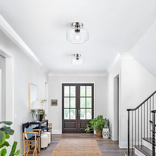 Miniatura 8 de Luces de techo semiempotradas simples y elegantes de vidrio transparente, base de metal de níquel cepillado, incluye bombilla LED de 900 lúmenes