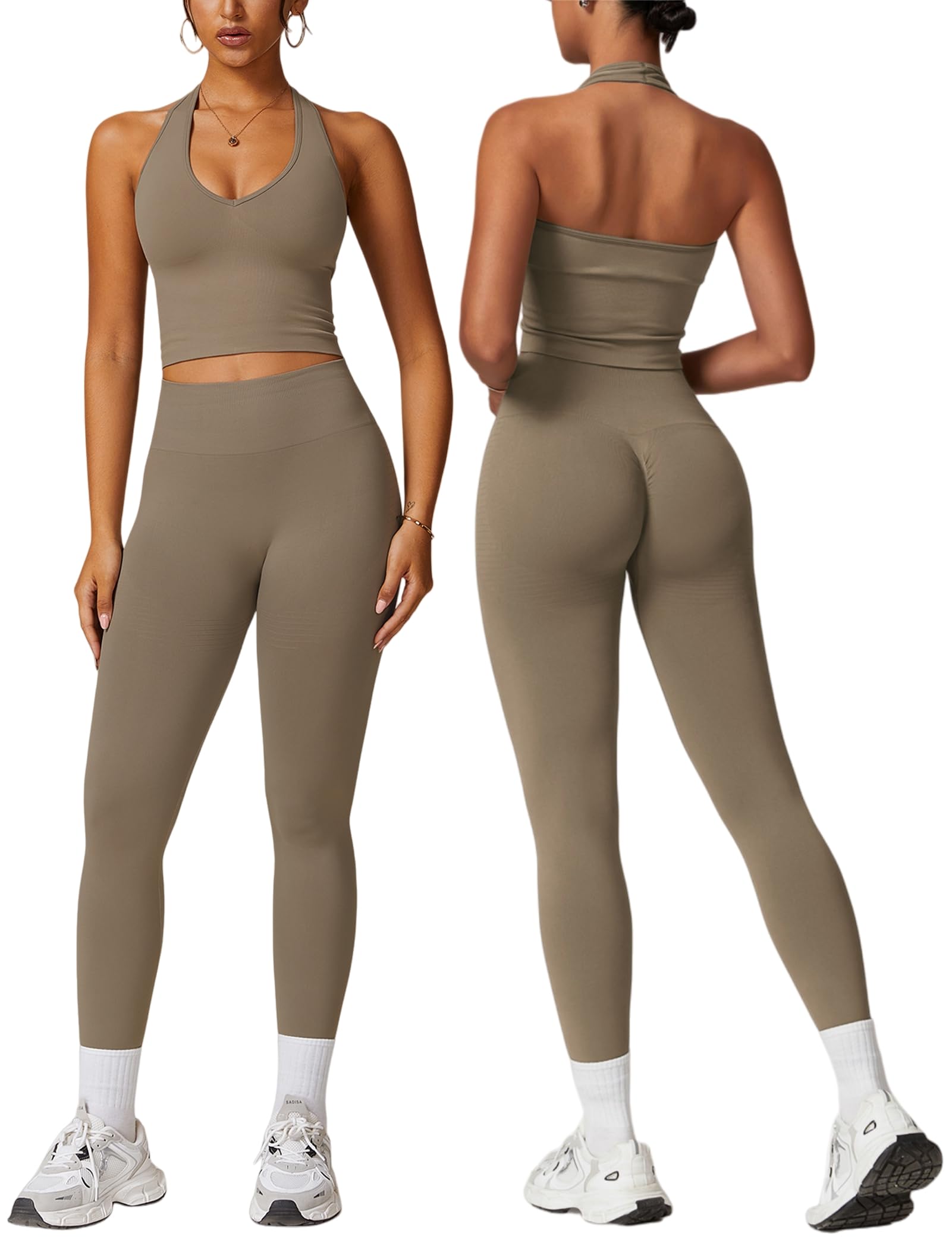 Odizli Conjunto deportivo para mujer, cuello en V, sujetador + leggings de cintura alta, para gimnasio