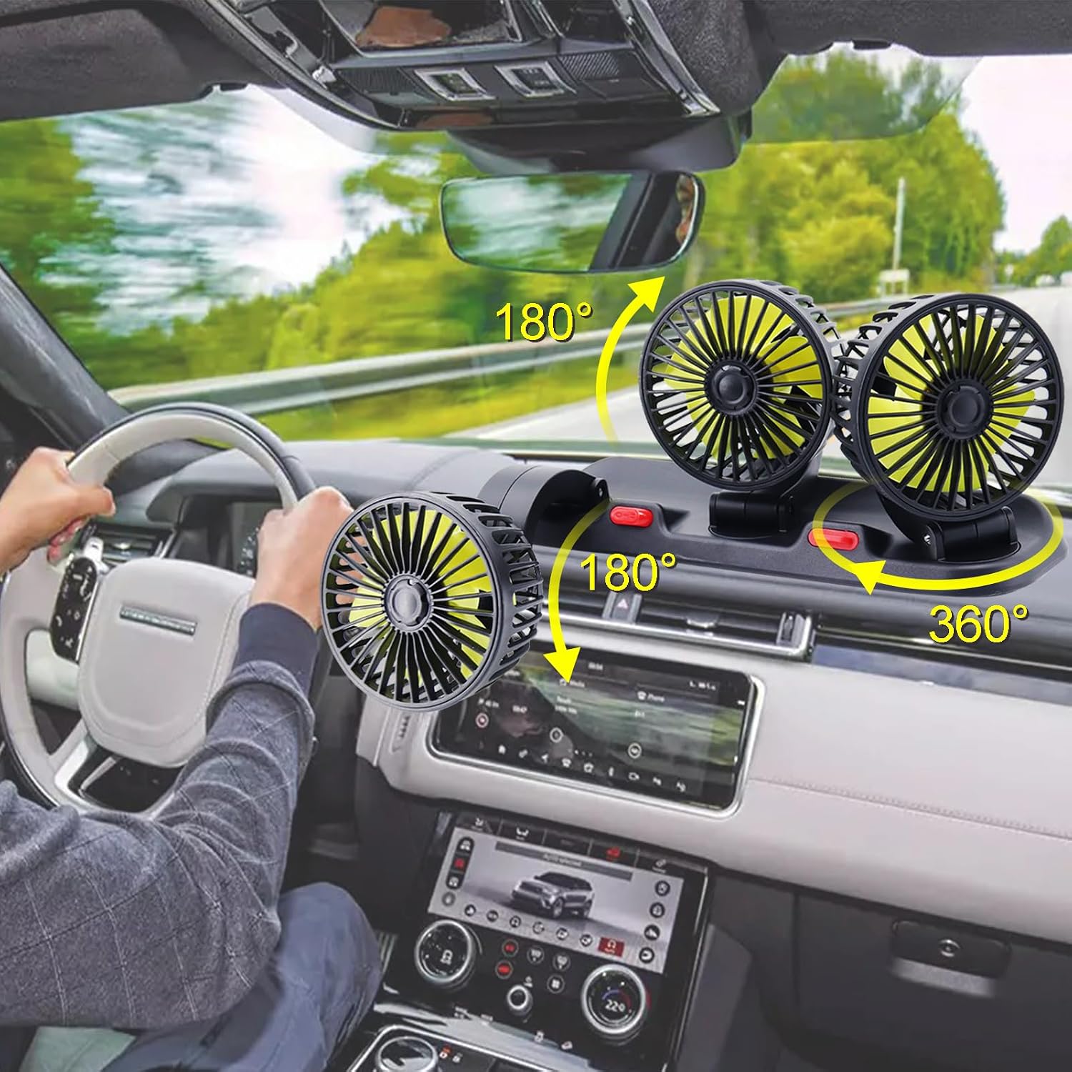 Triple-Head Fan for Car, Portable Car Fans for Vehicles Cars RV Vent with 360°Rotation Cigarette Lighter Plug