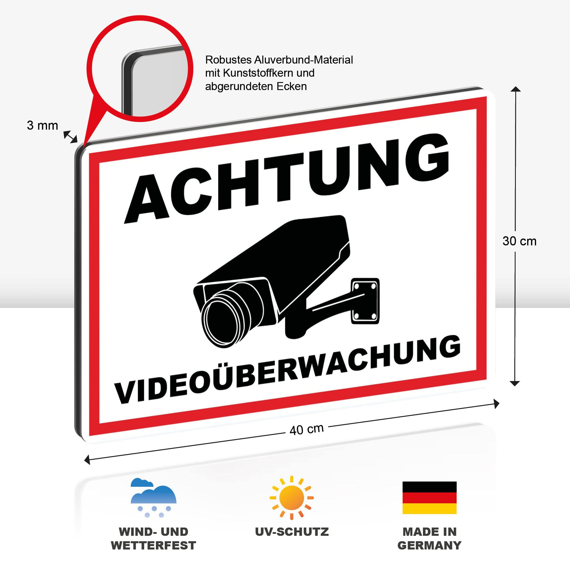 STROBO 3 Stück XXL Achtung Videoüberwachung Hinweisschild | Stabiles 3mm Aluminiumverbund als 40x30cm Schild mit UV-Schutz für den Außenbereich
