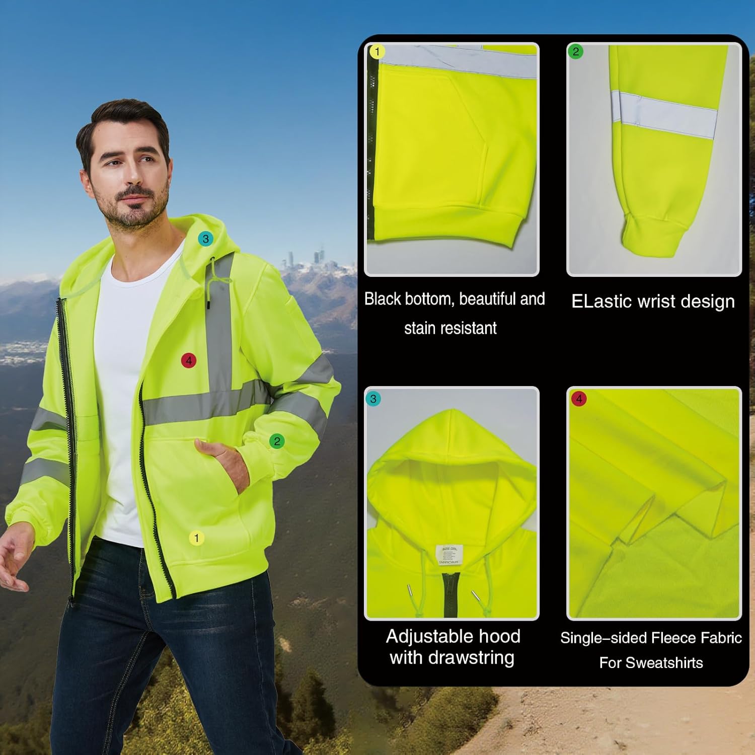 High Visibility Safety Hoodie, Reflective Workwear Sweatshirt, Warm Breathable Work Jacket for Men, Zip-Up - Image 4