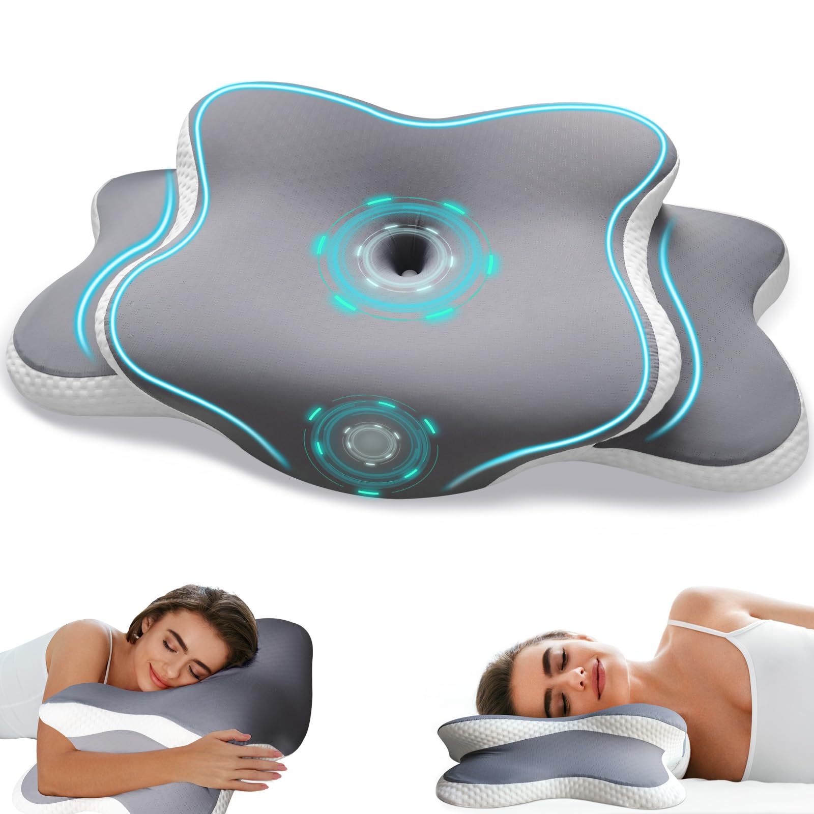 EvenVentric Nackenkissen Kopfkissen - Ergonomisches Kopfkissen für Seiten, Rücken & Bauchschläfer, Memory Foam Kissen mit Kühlung Abnehmbare Kissenhülle （Grau）