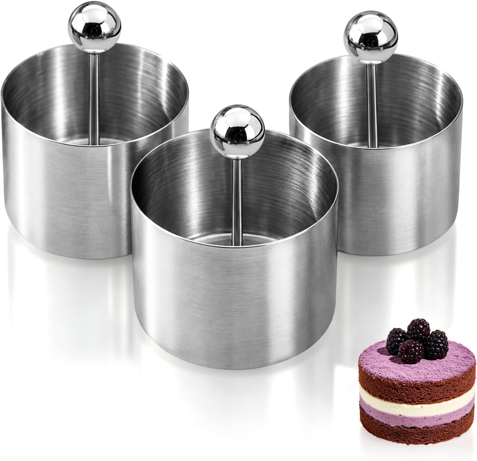 3 Pcs Cake Ring Molds for Cooking with 3 Pusher - Sizes 2-3In Mini Round Baking Rings, Stainless Steel Food Molds Rings for Small Mousse Cheesecake Pastry Crumpets