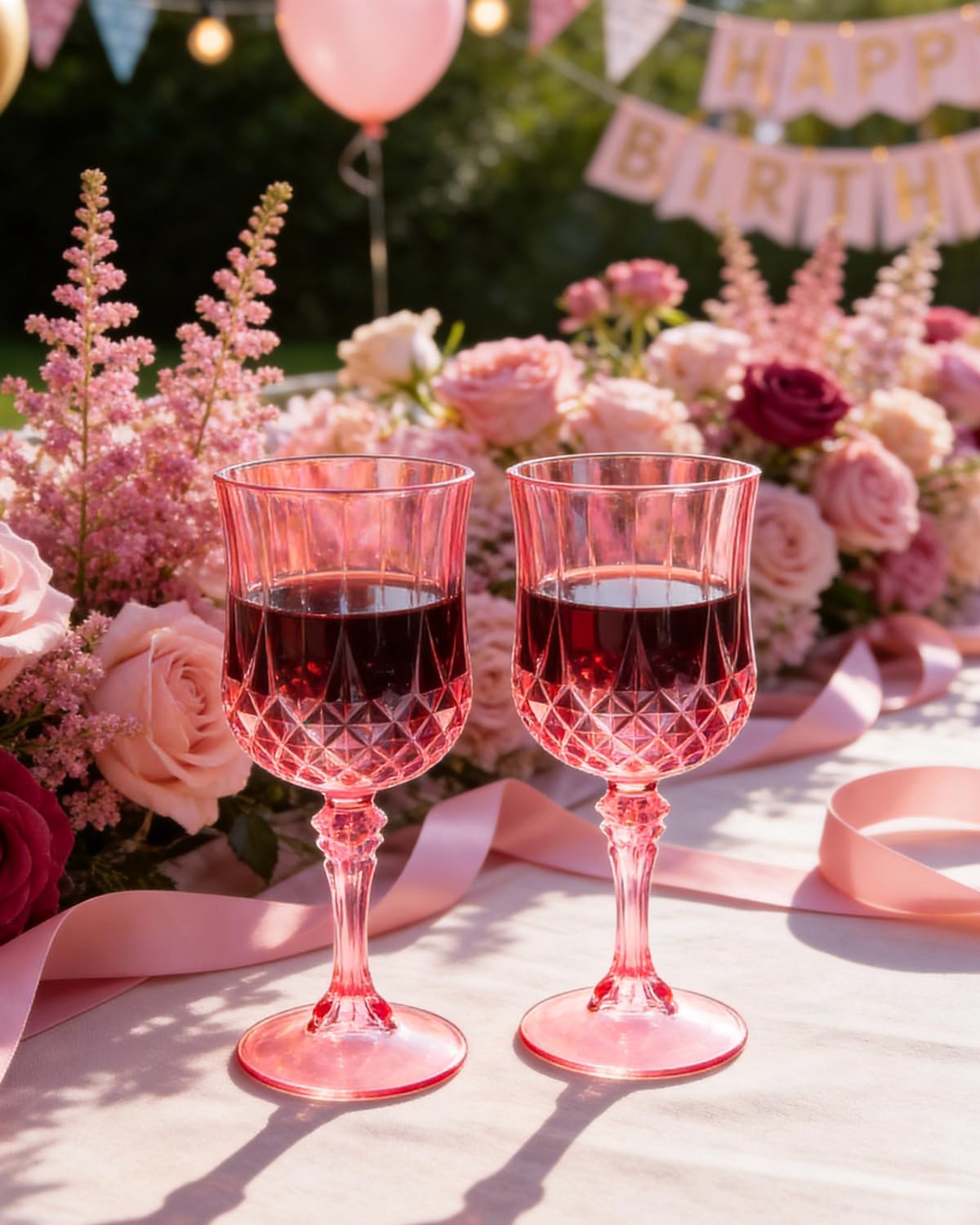 Ciaell 24PCS Pink Plastic Wine Glasses - 7 Oz Plastic Goblets for Party - Pink Vintage Drinking Glasses - Disposable Water Goblets Set for Wedding, Bar, Wine, Cocktail, Whiskey & Mother's Day