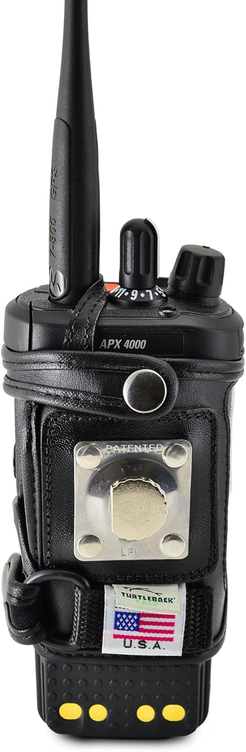 Turtleback Carry Holder for Motorola APX 4000 Extended Battery Two KNOB Fire and Police Two Way Radio Belt Clip Holster Case Black Leather Heavy Duty Rotating Ratcheting 2.25" Belt Loop