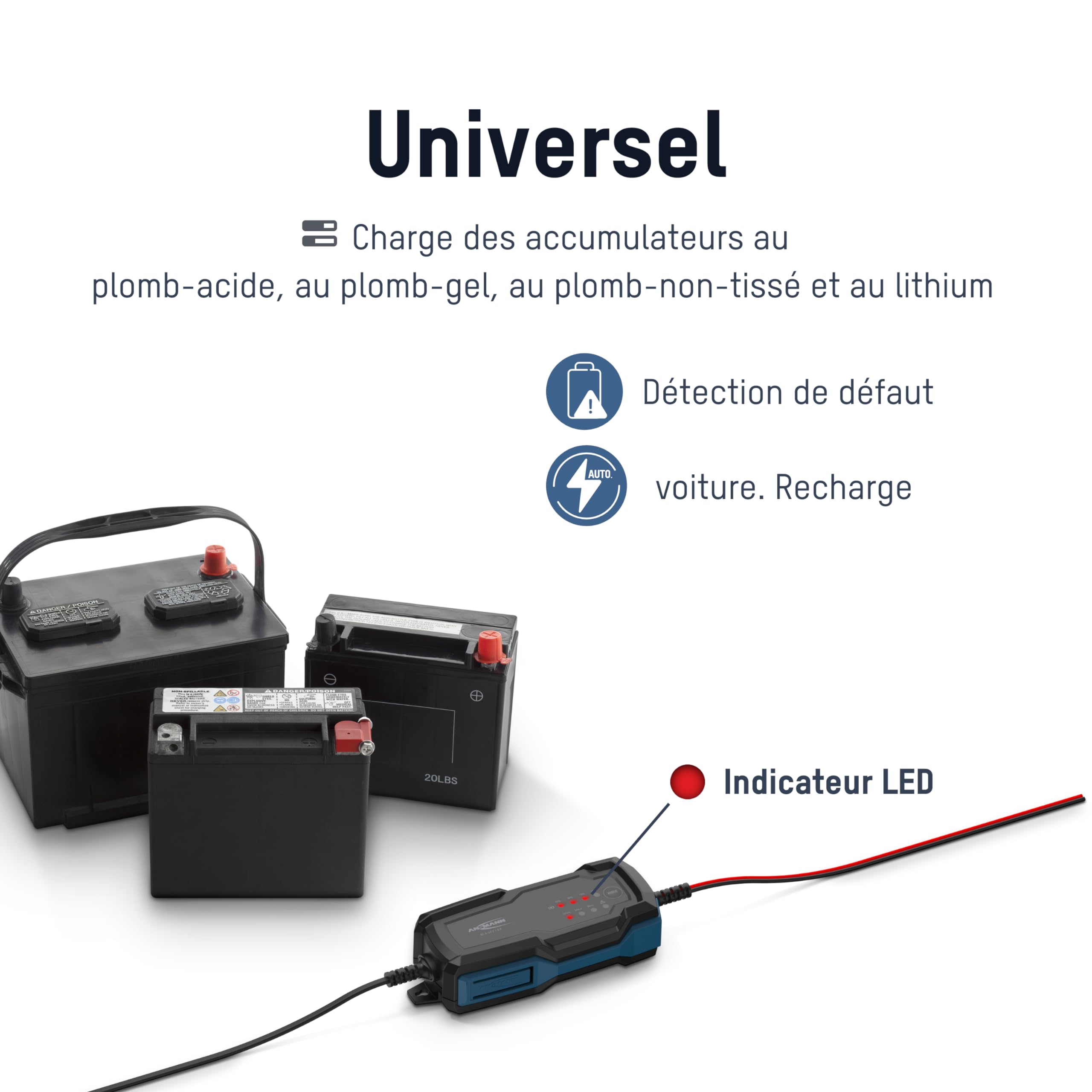 ANSMANN Chargeur Intelligent à 8 étapes 6V 12V / 2A avec écran LCD pour Batteries Plomb-Acide, Plomb-Gel et Plomb-Lies, Ainsi Que Batteries 12V LiFePo4 pour Voiture, Moto et camionnette