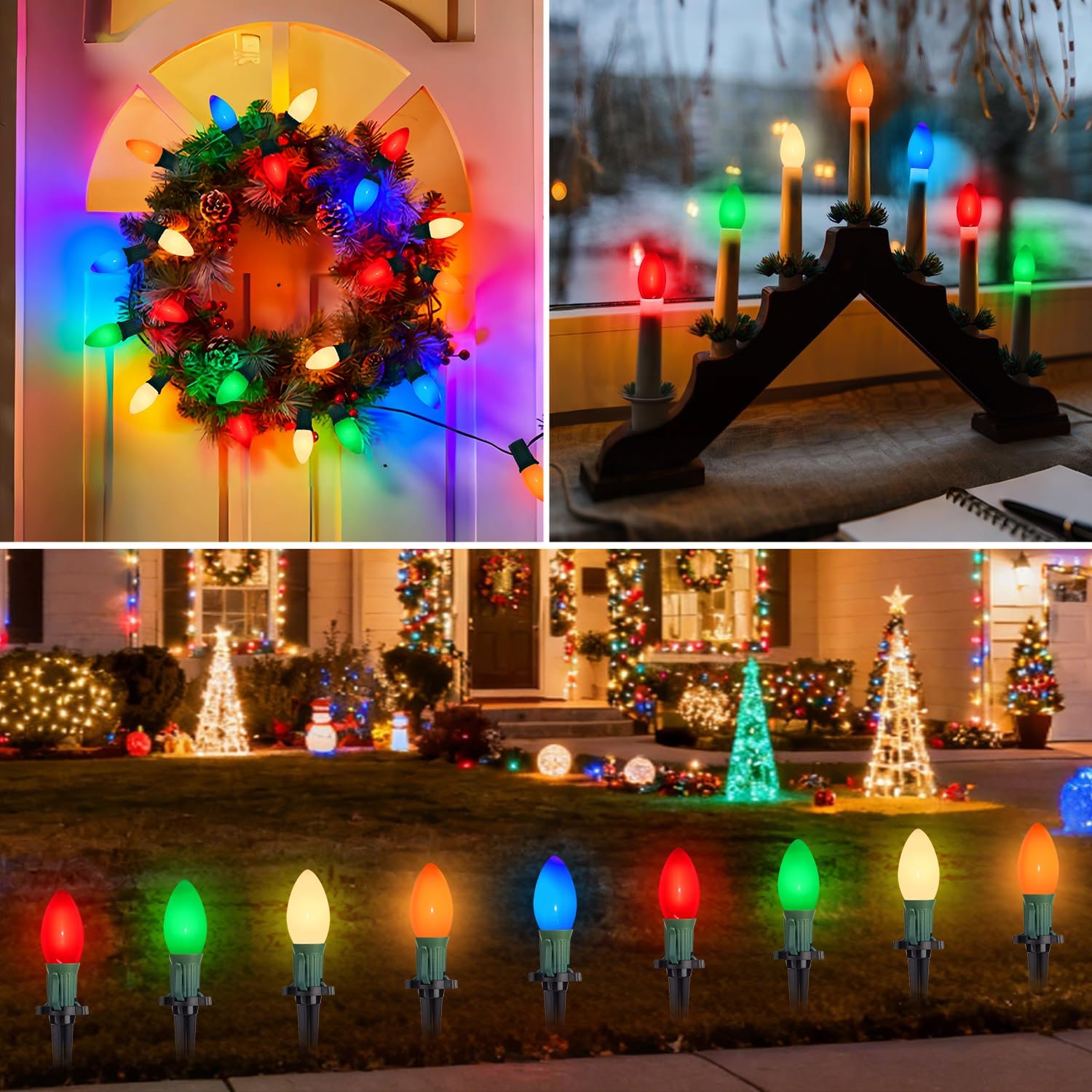 PASUTO C9 Christmas Replacement Lights Bulbs, 25 Pack Multicolor Ceramic Light Bulbs for Christmas Outdoor Indoor String Light, Xmas Holiday Patio Party Decorations(E17 Socket Base 7w)
