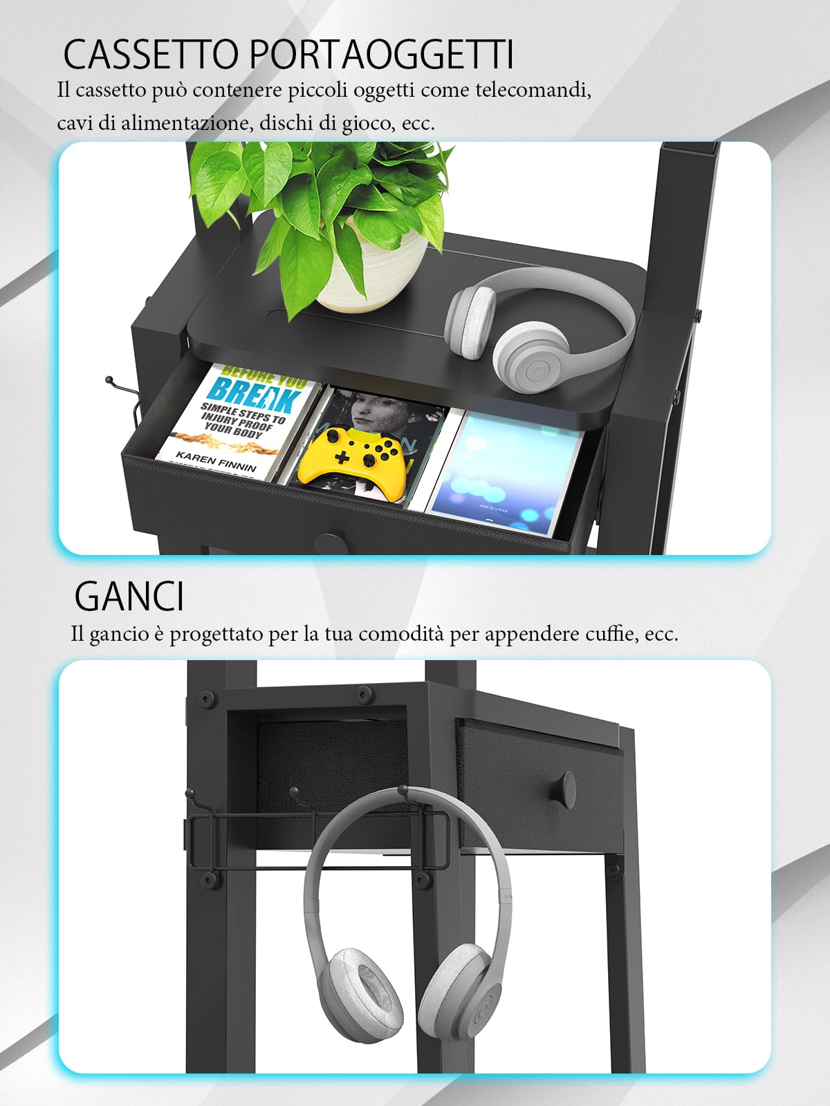 Supporto TV con cassetto in tessuto, per schermo piatto/curvo da 32"-75", fino a 200 libbre LCD/LED/OLED, carrello per TV mobile con ruote per casa ufficio all'aperto Max VESA 600 x 400 mm, nero