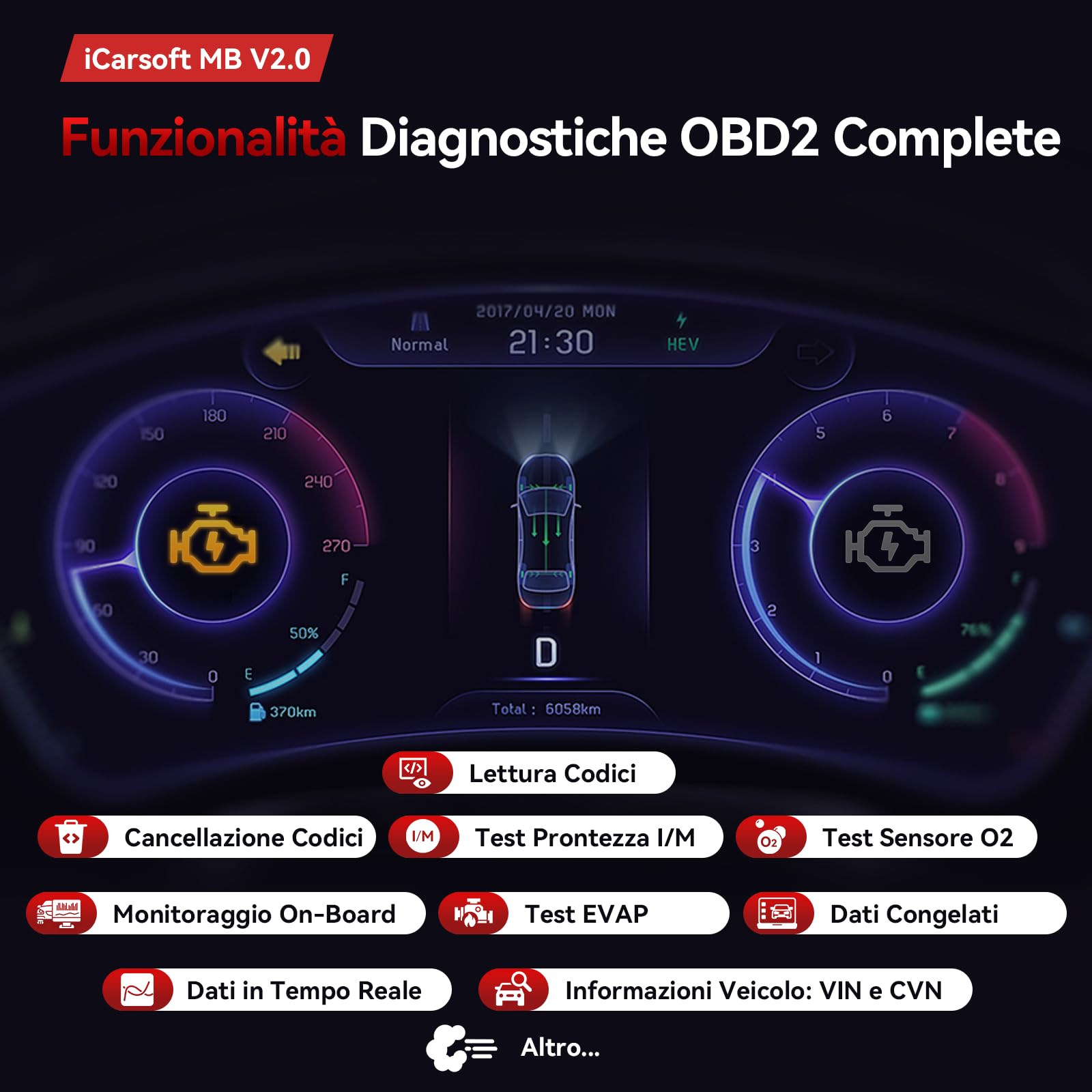 iCarsoft MB V2.0 OBD2 Auto Diagnostica per Ben.z/Sprinter/Smart, Diagnosi Auto in Italiano per Tutti i Sistemi, 9 Funzioni di Ripristino, Olio/EPB/BMS/ETC/SAS/INJ/TPMS/DP-F/ABS, Aggiornamento a Vita