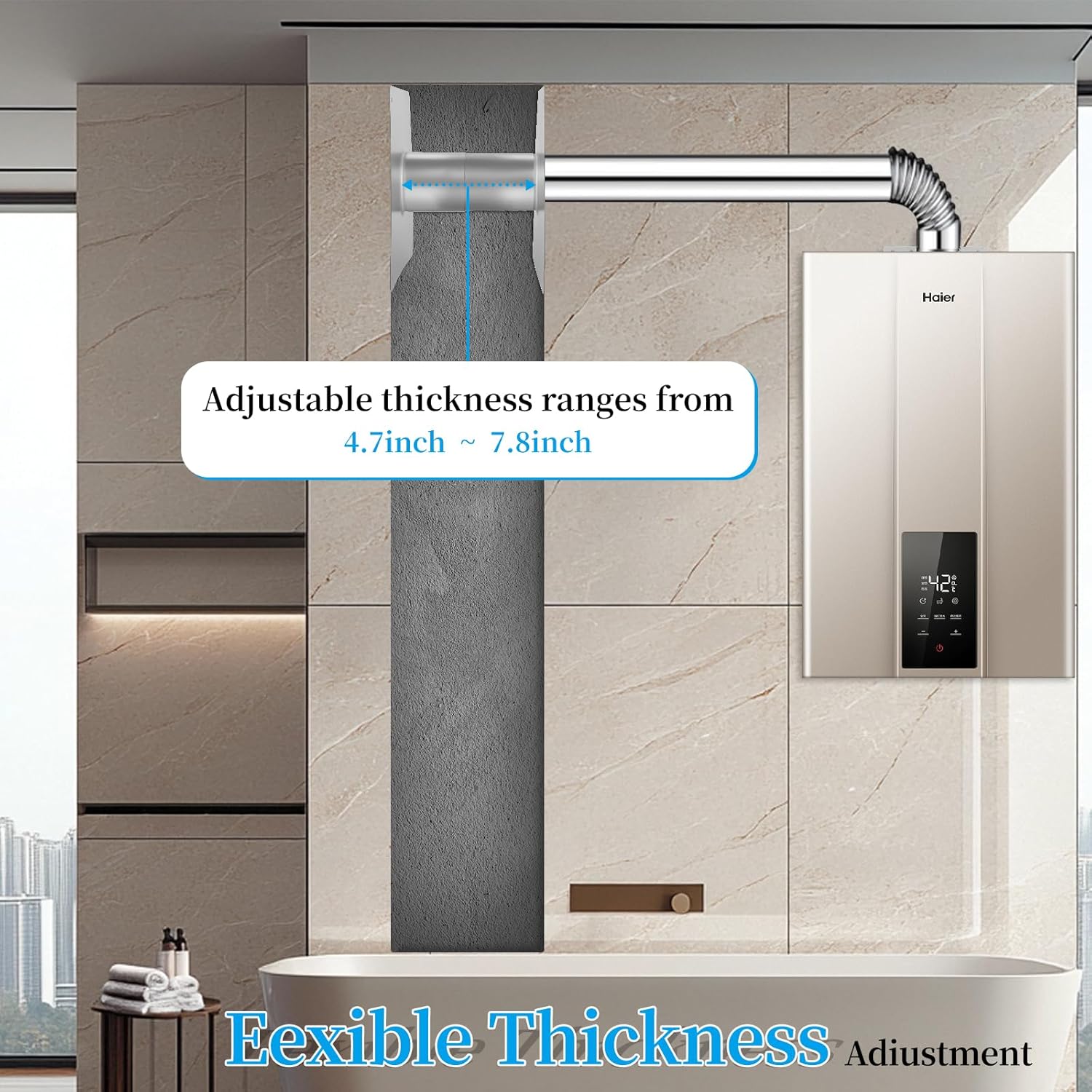 3.15'' Stainless Steel Vent Wall Thimble for Gas Tankless Water Heater, Double Wall Thimble Pipe Ventilation Design, Retractable Length from 4.7" to 7.8"