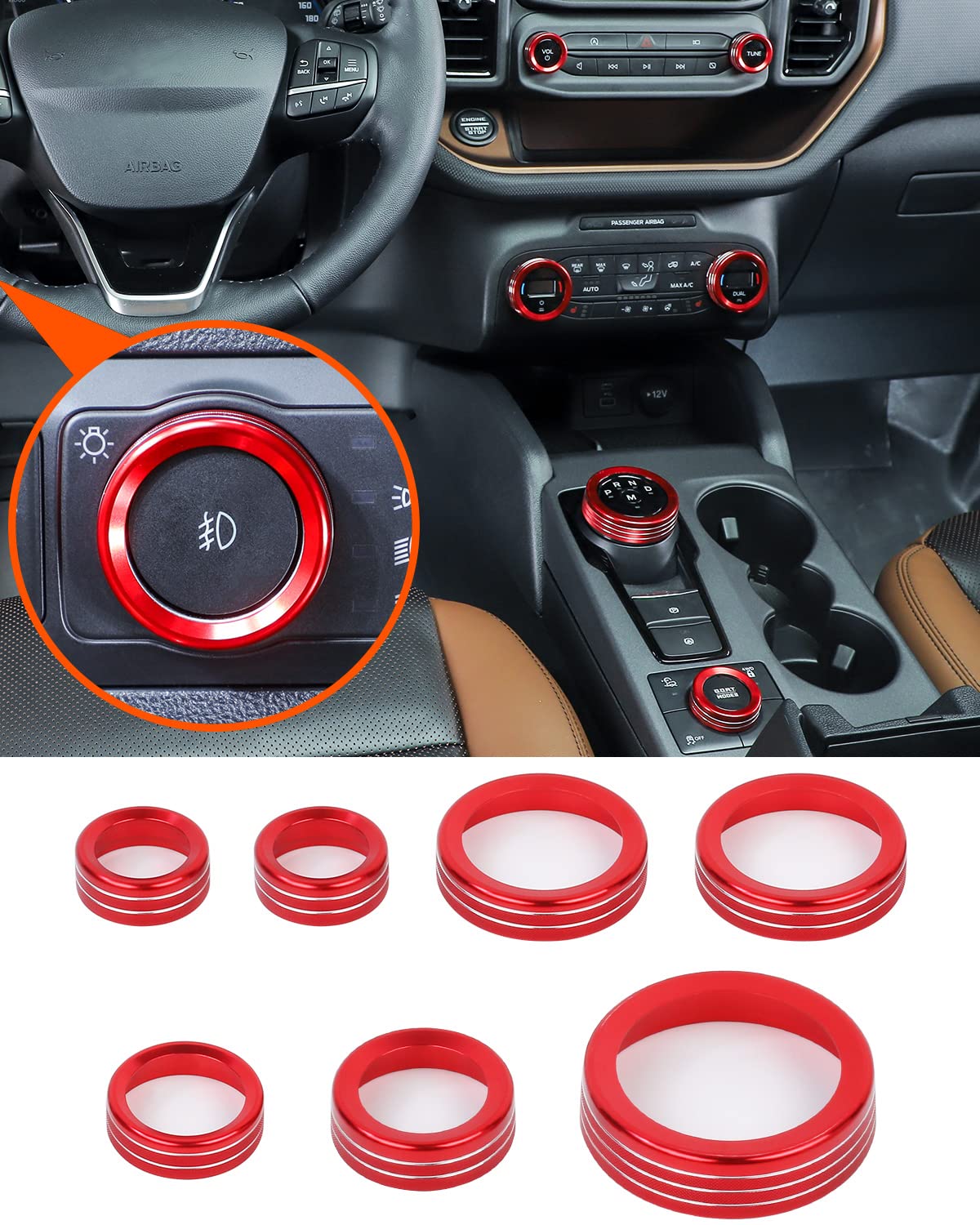 Photo 1 of Savadicar CKT02 Billet Aluminum Control Knob Trim Sets, Headlight/4WD/HVAC Climate Control Knob Bezels, Air Conditioner/Radio Switch Cover for 2021-2025 Ford Bronco Sport, Interior Accessories, Red