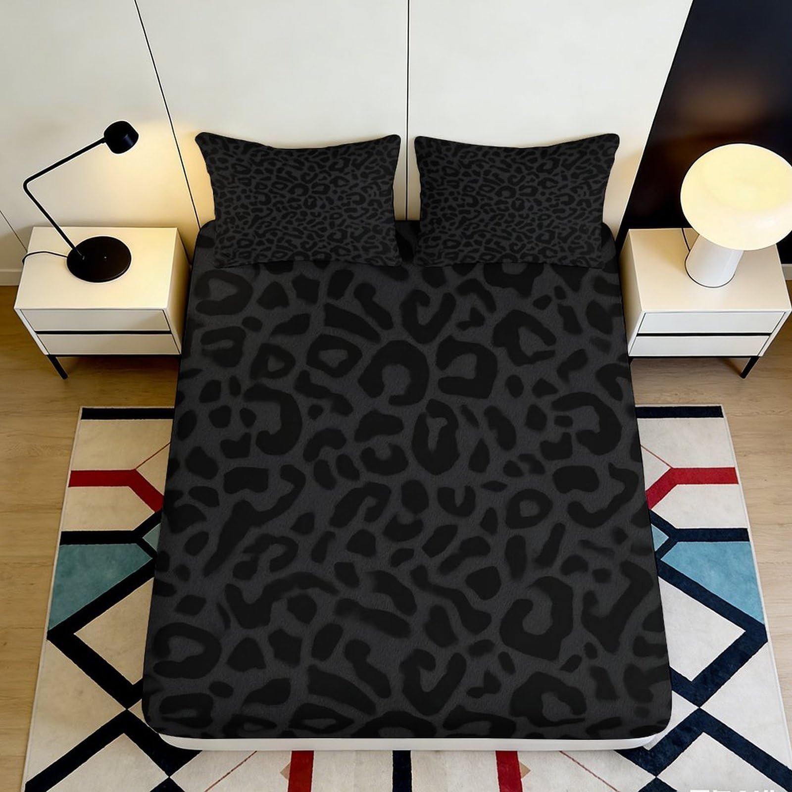 3D Printed Black Leopard Fitted Sheet Microfiber Soft Modern Abstract Bed Cover for Bedroom Guest Room Decor 90x200x25cm