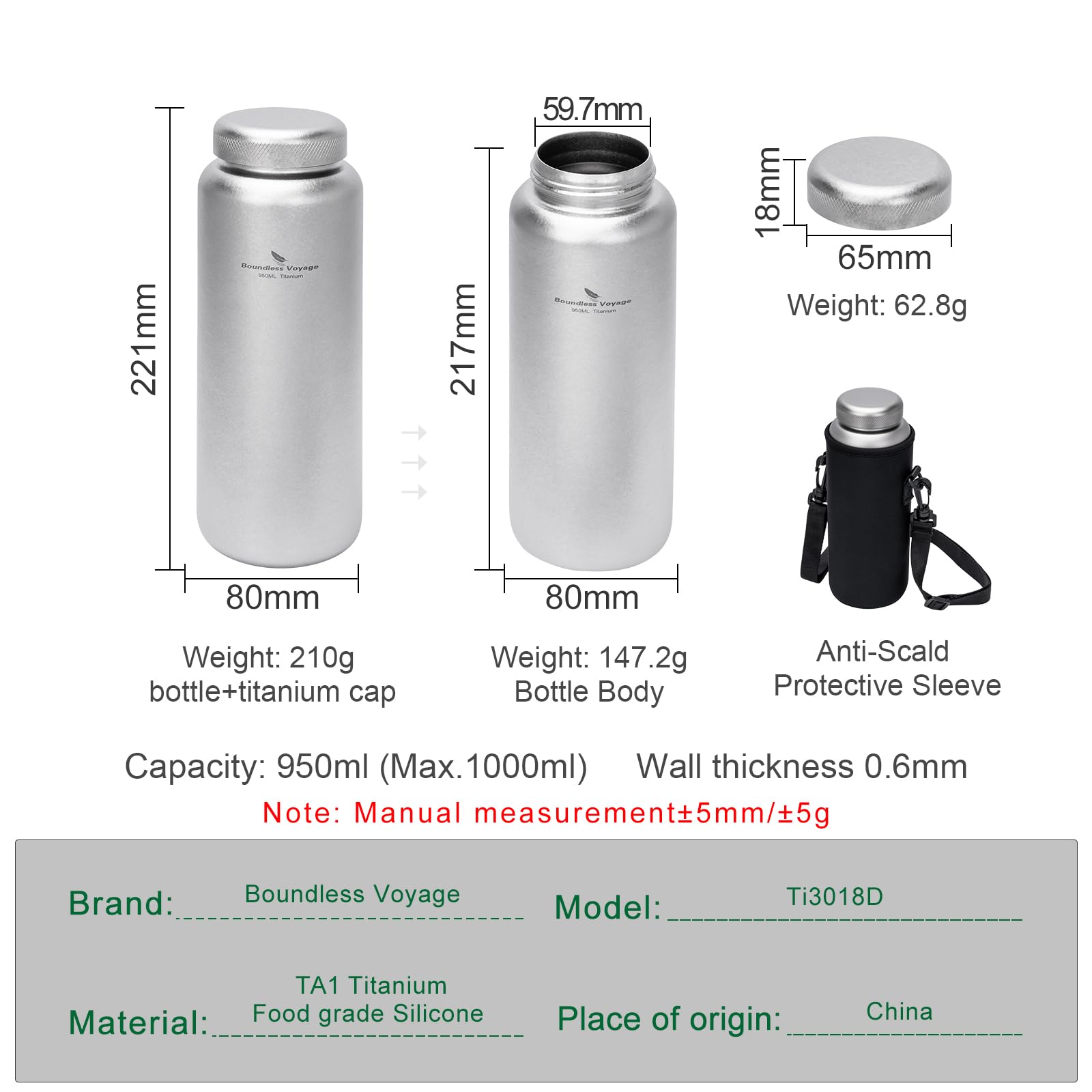 Boundless Voyage Ultraleichte Titan Trinkflasche Kristallisierte+ti lid | Breite Mund Flasche mit Leckage Cap & Aufbewahrungstasche Hydro Flasche für Klettern Rucksack Fitnessstudio Camping Travel