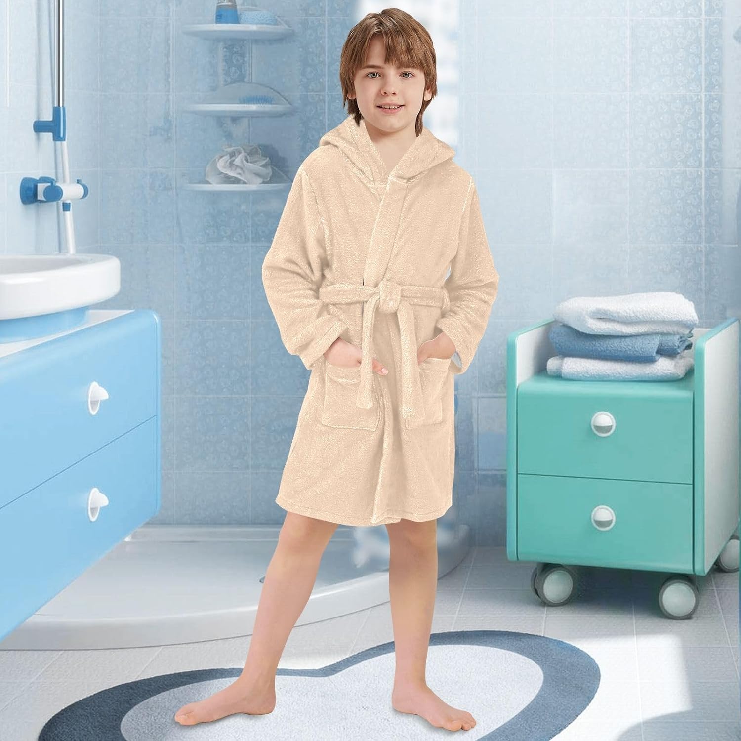 ODAWA Peach Puff Kids Bathrobe, Soft Plush Hooded Robe for Boys Girls, Quick Dry Absorbent Swimming Bath Towel Wrap