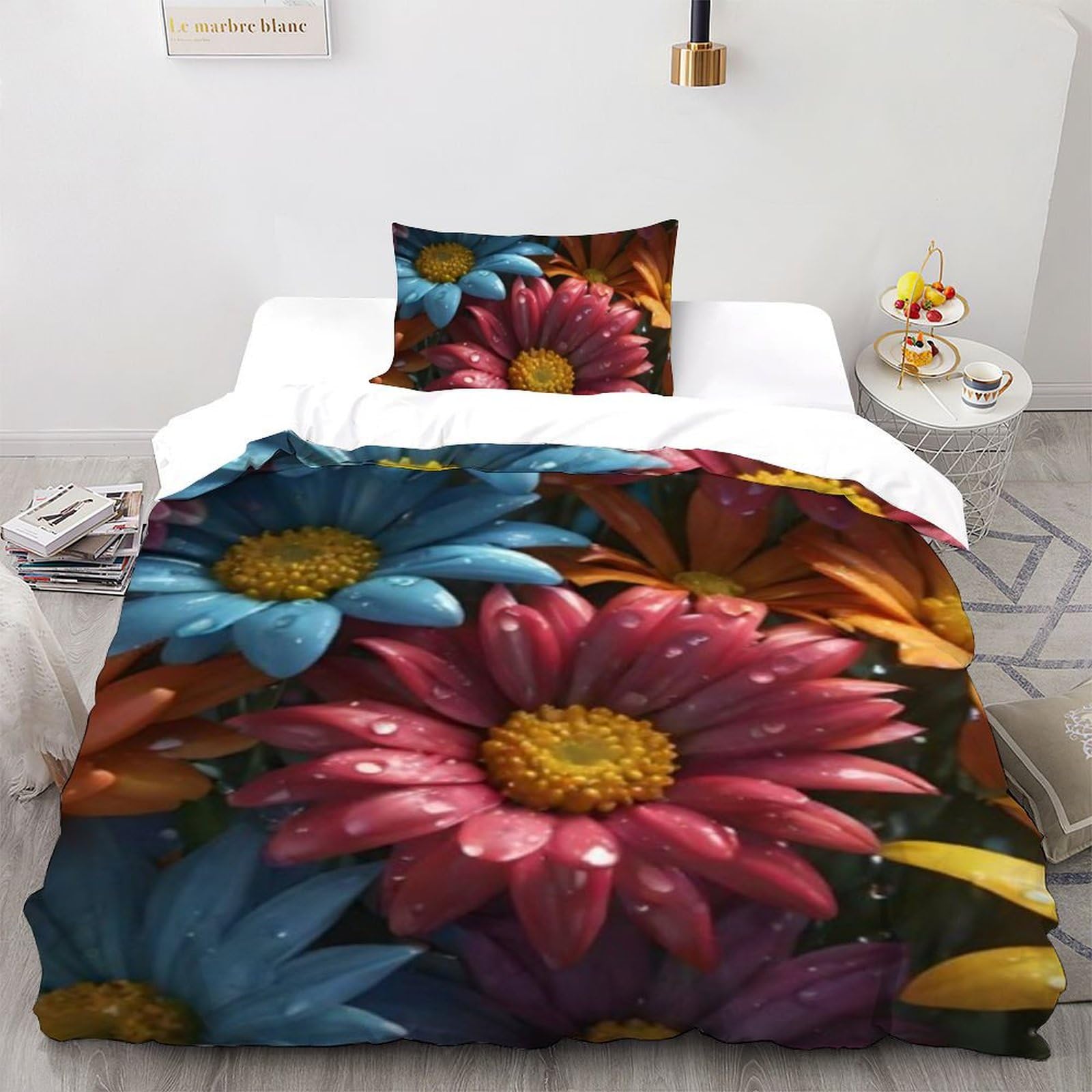 Housse de couette 135x200cm fleurs roses et plantes vertes imprimé 3D en microfibre