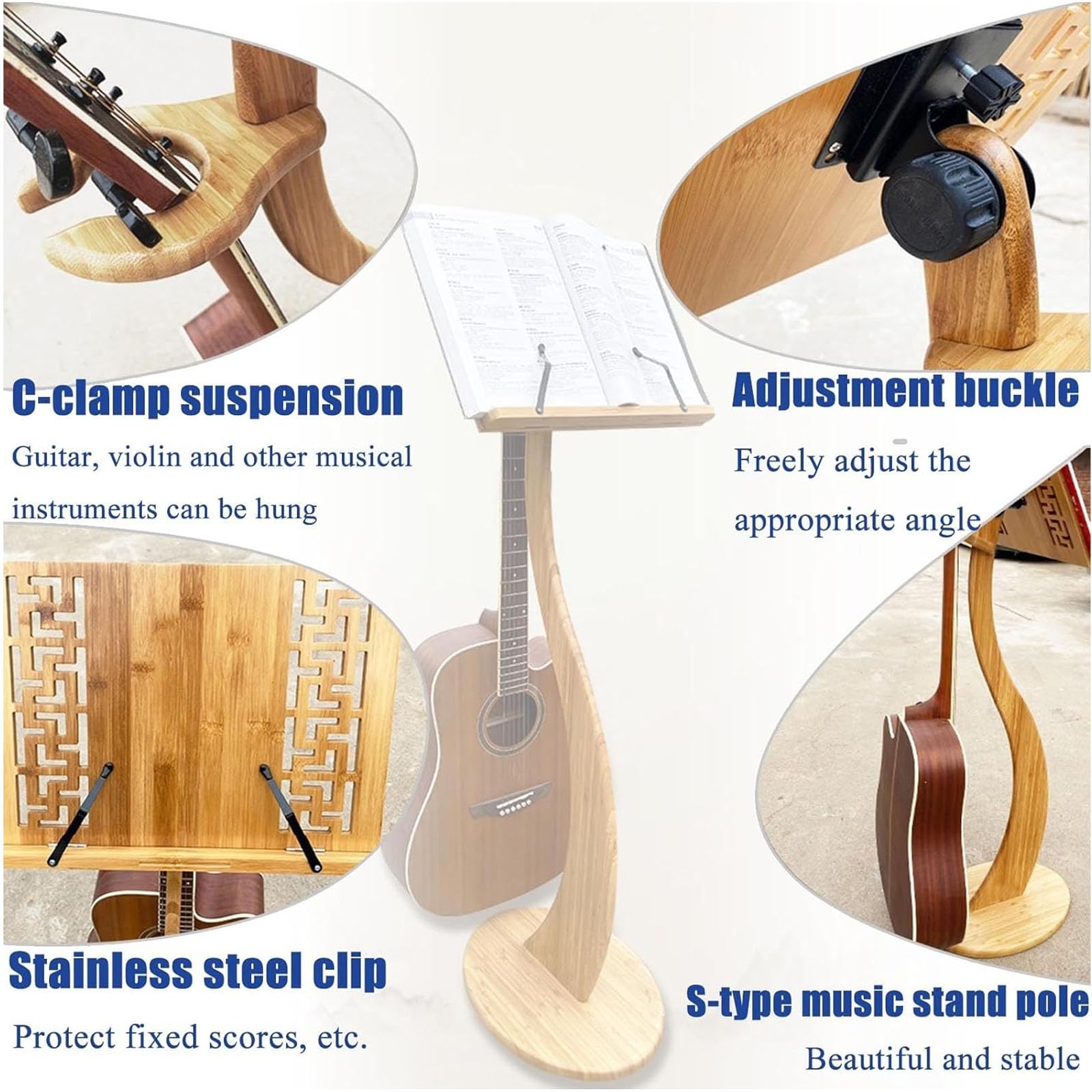 Atril De Madera para Partituras con Soporte De Bambú Extraíble para Director De Partituras con Colgador para Violín, Diseño Giratorio De 340°, Ángulo Ajustable para Guitarr,